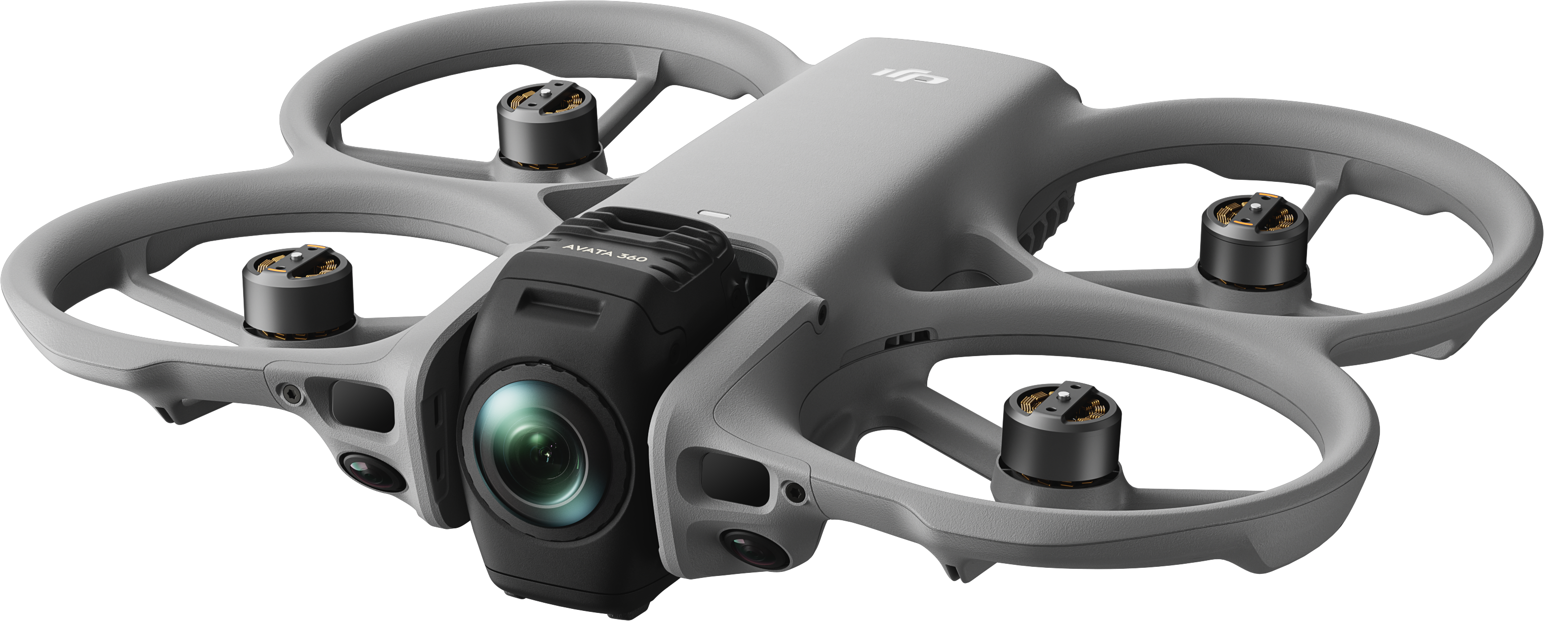 Szürke DJI Avata 360 drón kameramodul lencsével és légcsavarokkal.