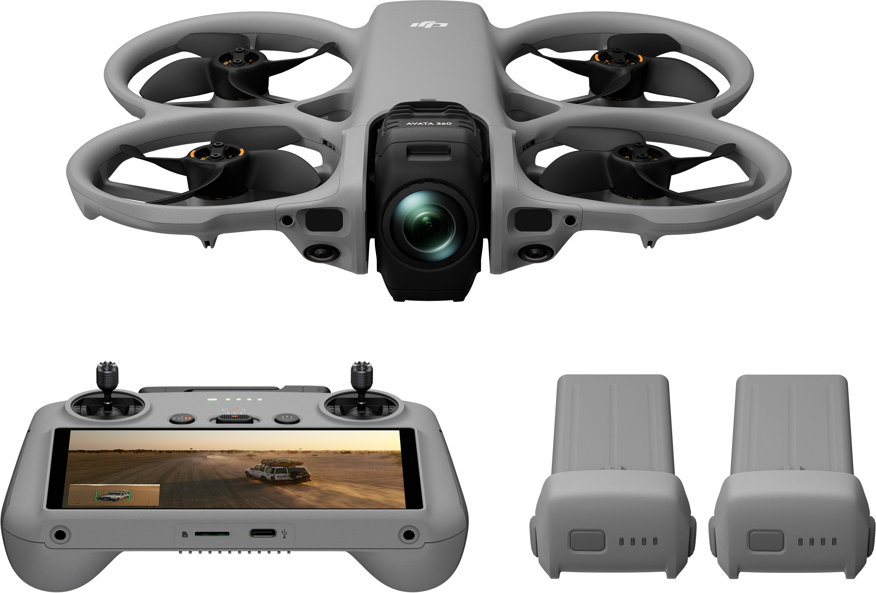 Szürke DJI Avata drón kontrollerrel és két akkumulátorral, fehér háttér.