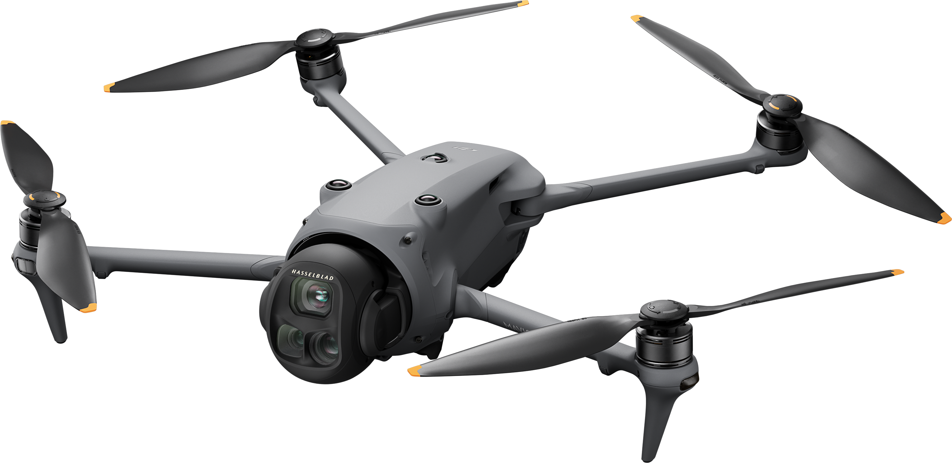 Szürke DJI Mavic 3 drón Hasselblad kamerával és narancssárga légcsavárvégekkel.