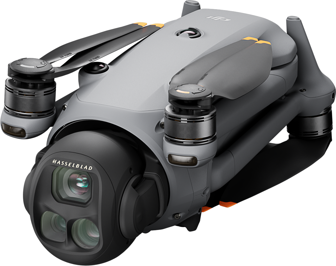 Szürke DJI drón Hasselblad kamerával és kibontott propellerrel.