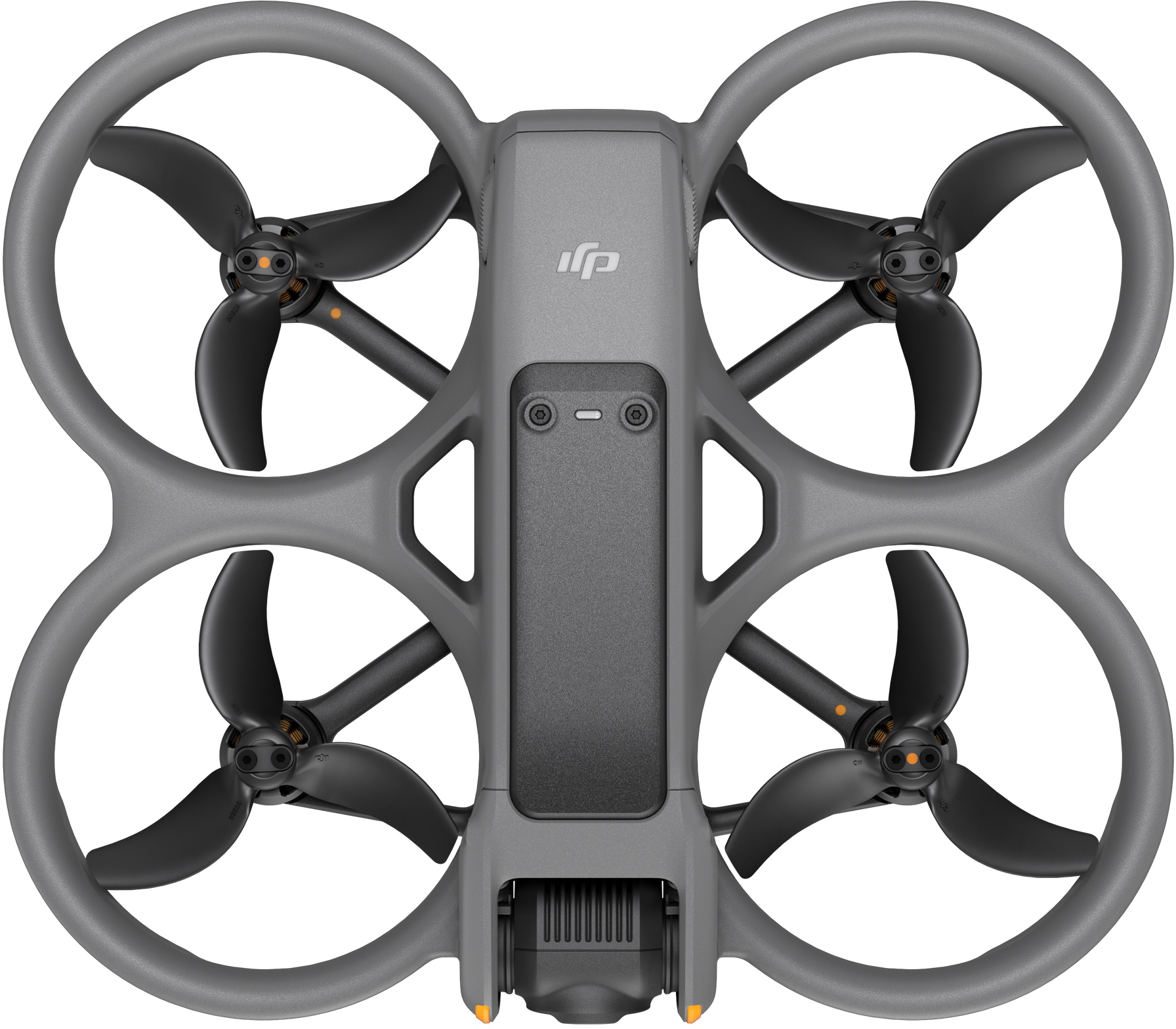 Szürke DJI drón test négy fekete légcsavarral és védőgyűrűkkel.