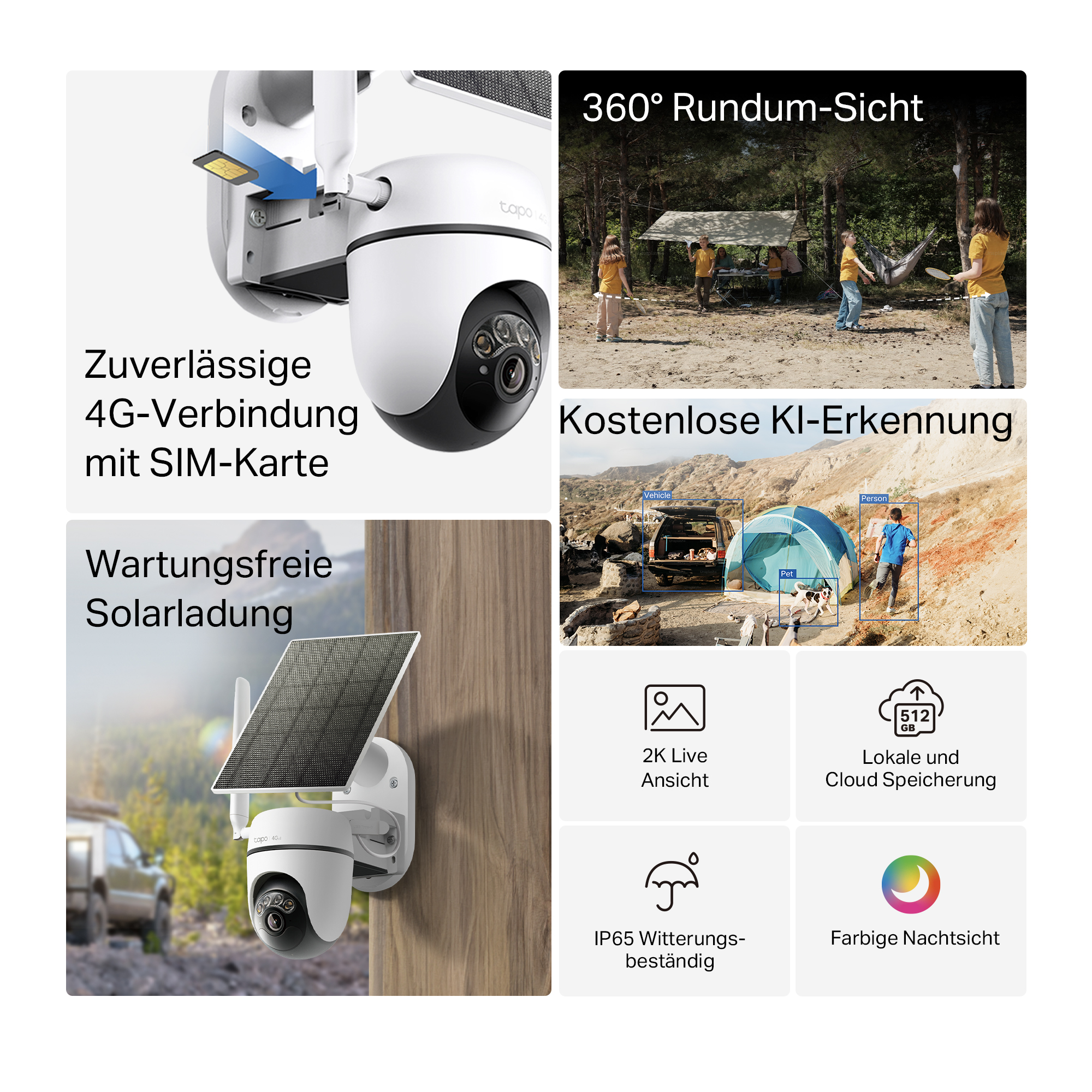 Überwachungskamera mit Solarpanel, 4G-SIM-Slot, 360°-Sicht, KI-Erkennung.