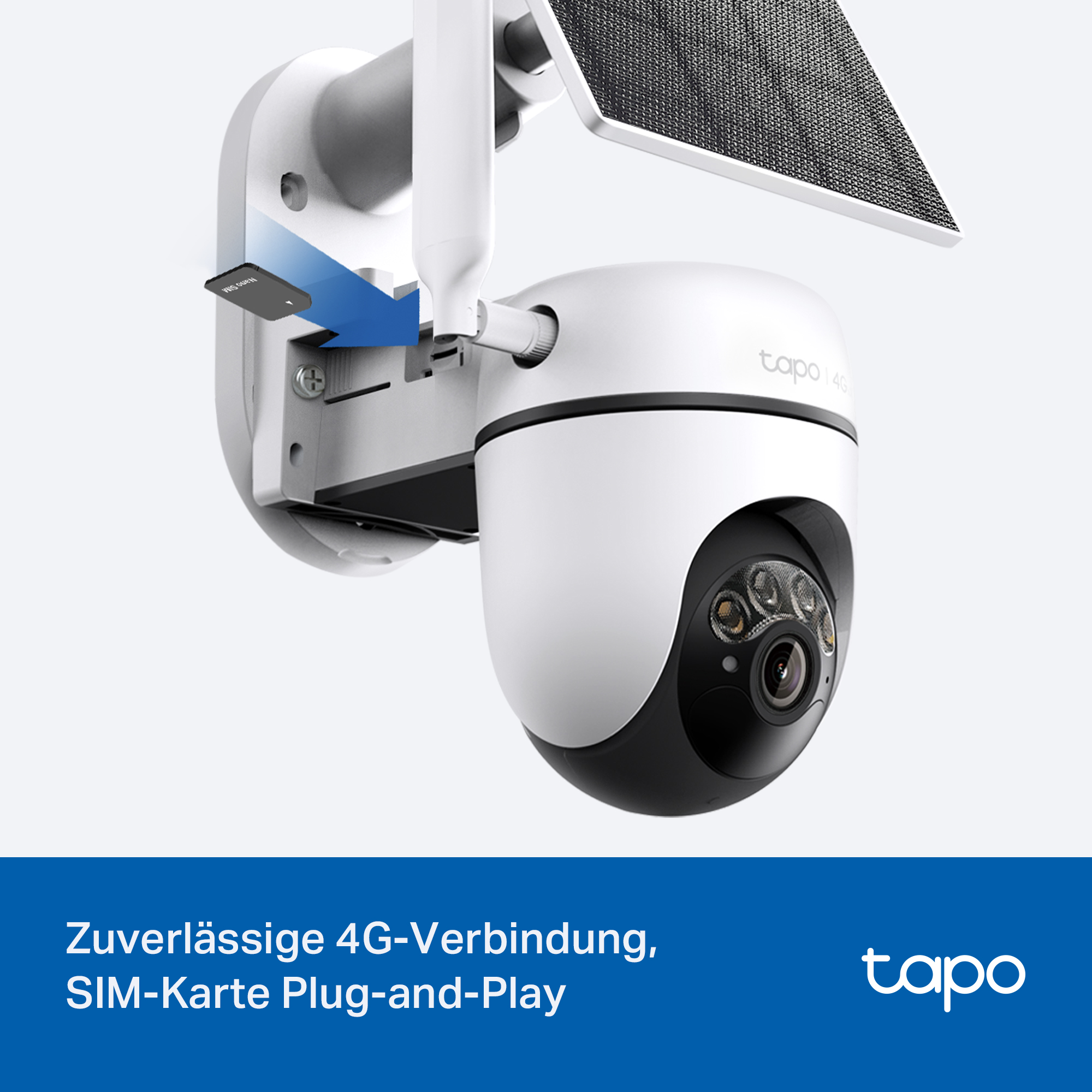 Eine weiße Überwachungskamera mit Solarpanel und einem SIM-Slot wird gezeigt.