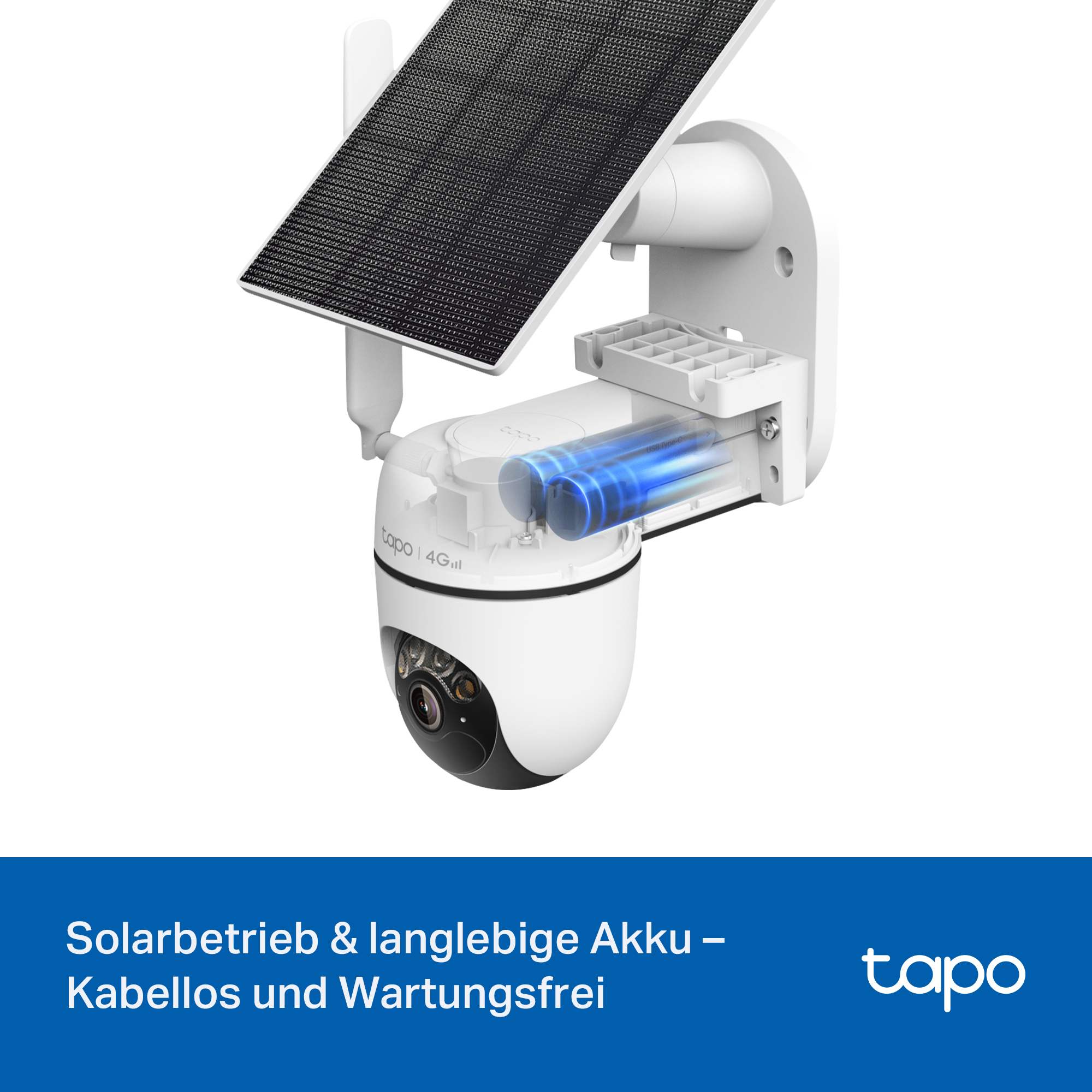 Weiße Überwachungskamera mit Solarpanel und sichtbaren Akkus.