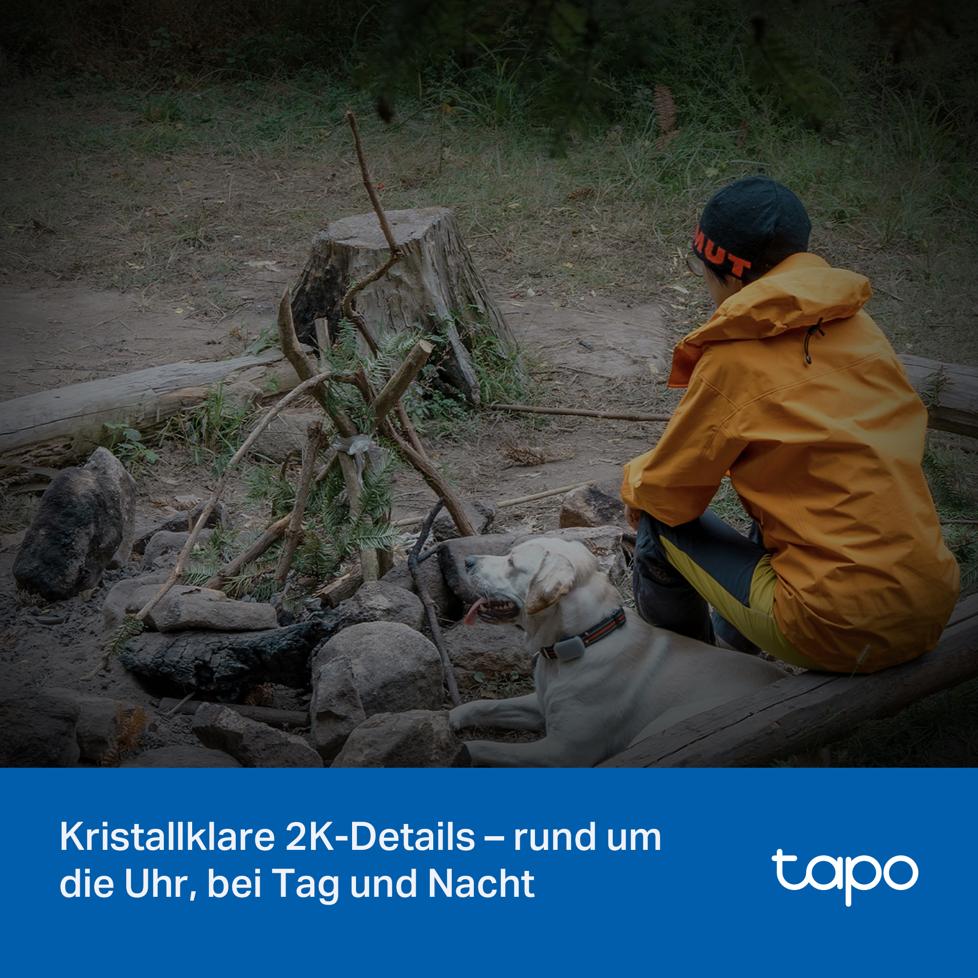 Ein Junge mit gelber Jacke und Hund sitzen neben einem Lagerfeuerplatz im Wald.