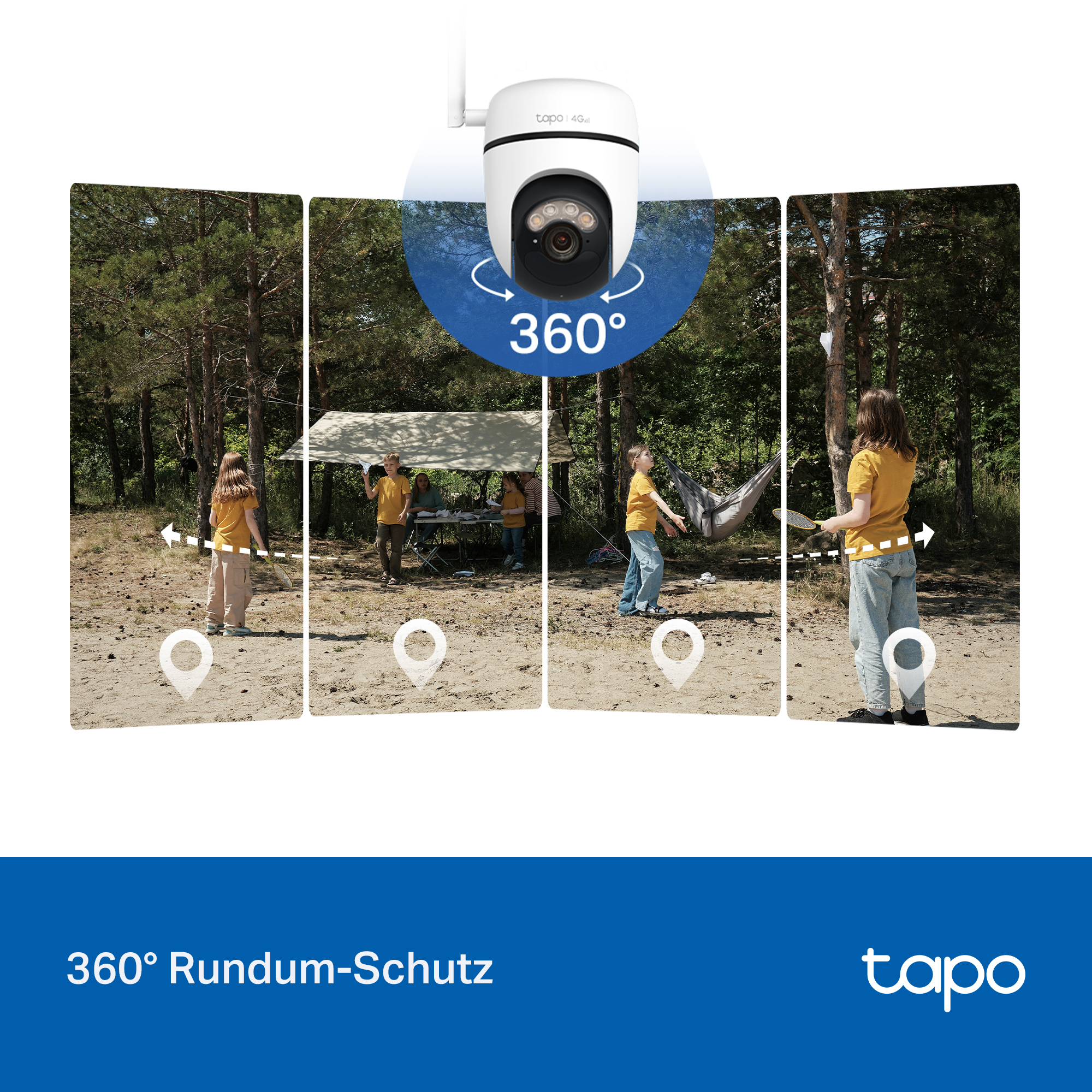Eine Überwachungskamera mit 360-Grad-Ansicht über einem Wald und Kindern.