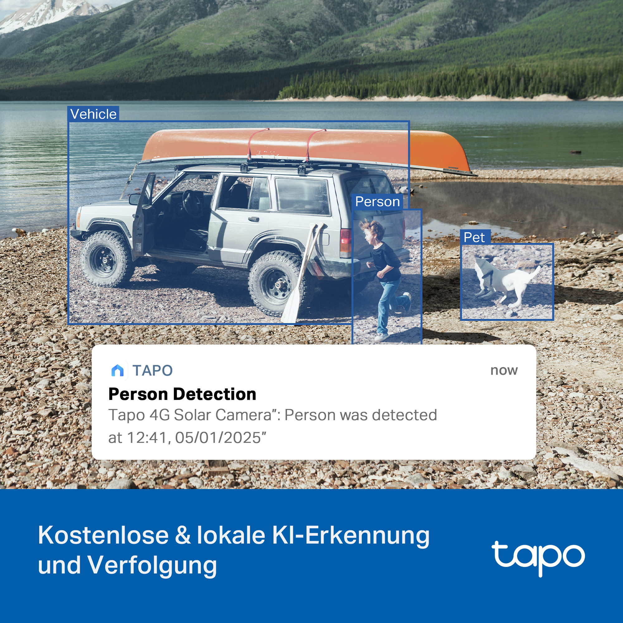 Ein Auto mit einem Kanu auf dem Dach, eine Person und ein Hund am Seeufer.