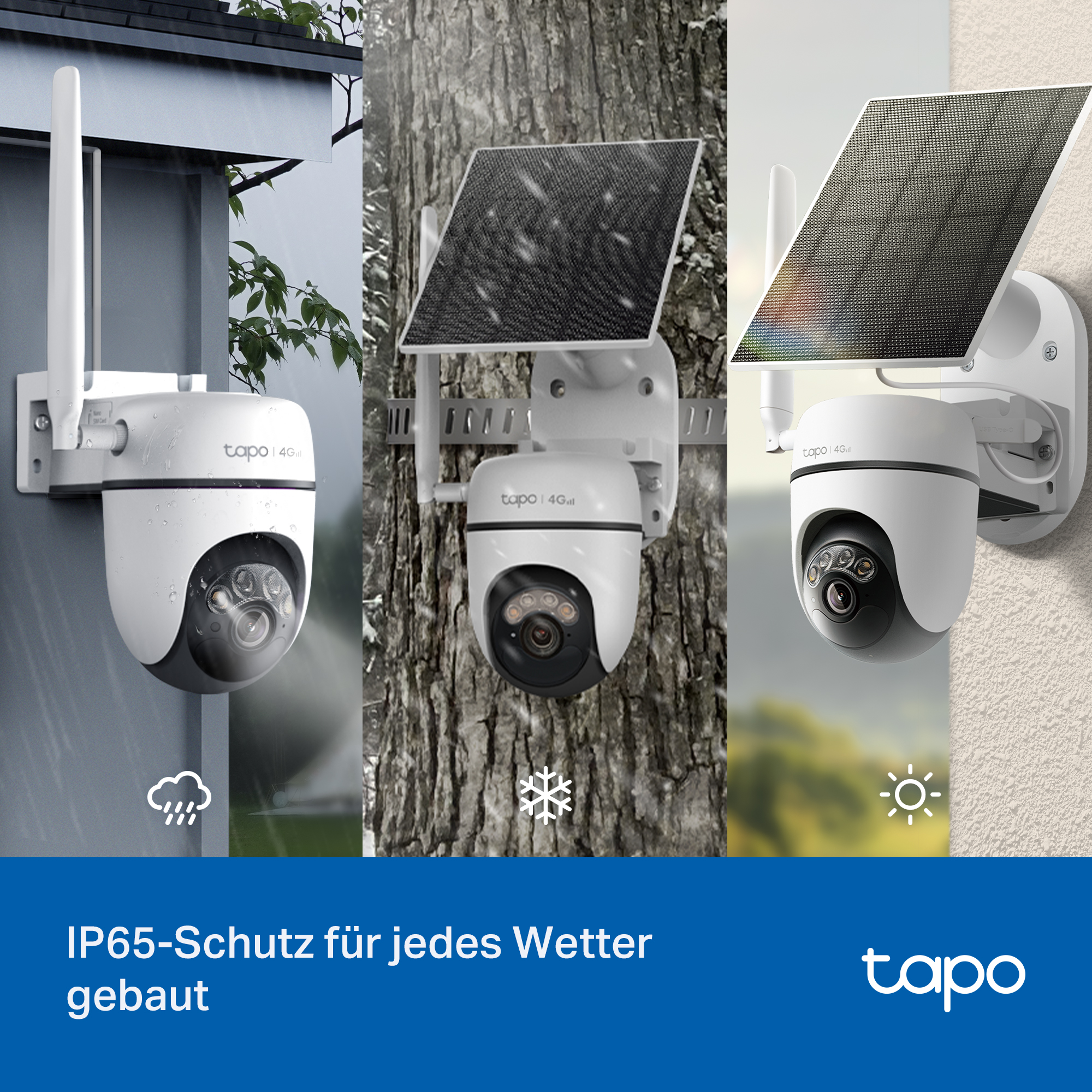 Drei Wetterkameras mit Solarpanel: Regen, Schnee, Sonne. Tapo Logo.