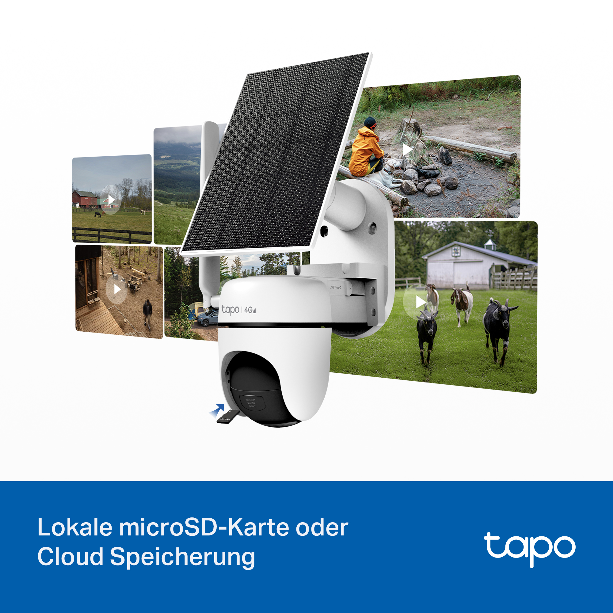 Weiße Überwachungskamera mit Solarpanel und Ansichten von Bauernhöfen, Lagerfeuer und Ziegen.