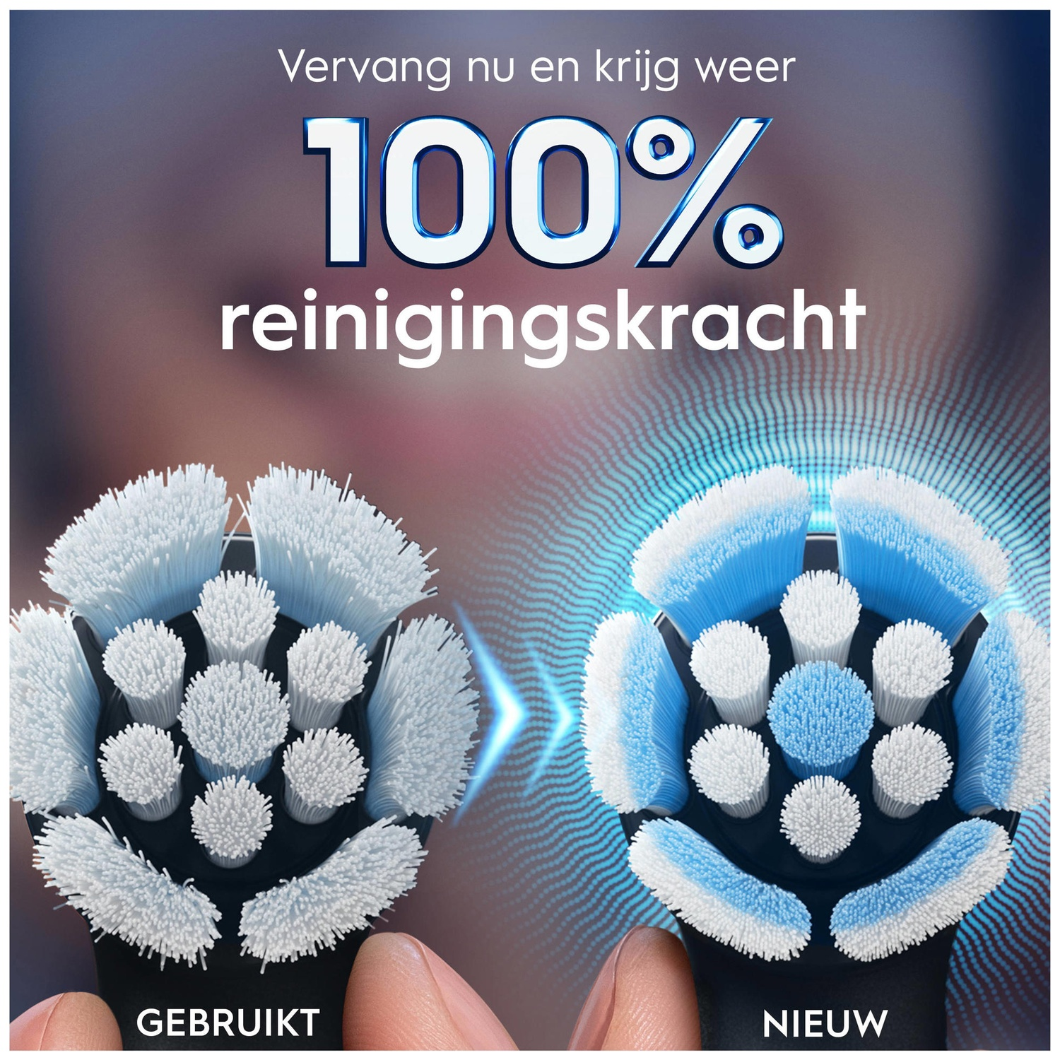Two toothbrush heads: one used, one new. 100% cleaning power.