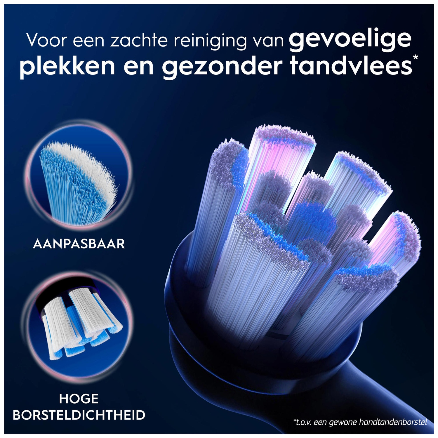 Close-up of an electric toothbrush head with blue and white bristles.