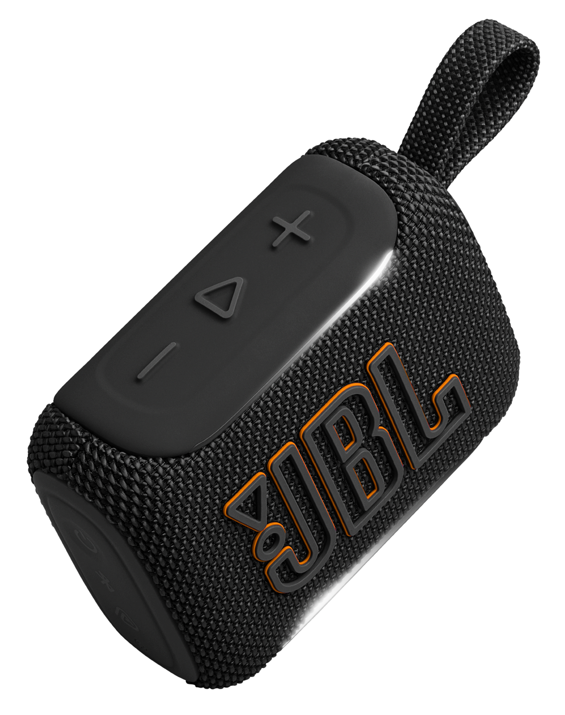Czarny głośnik JBL z pomarańczowym logo i przyciskami.