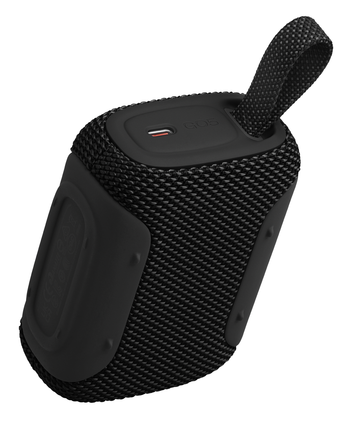 Czarny przenośny głośnik z materiałową kratką i paskiem.