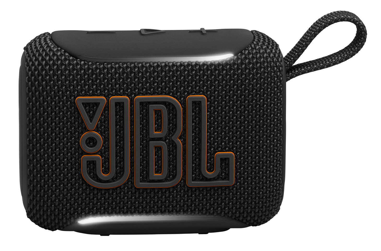 Czarny głośnik JBL z pomarańczowym logo i paskiem.