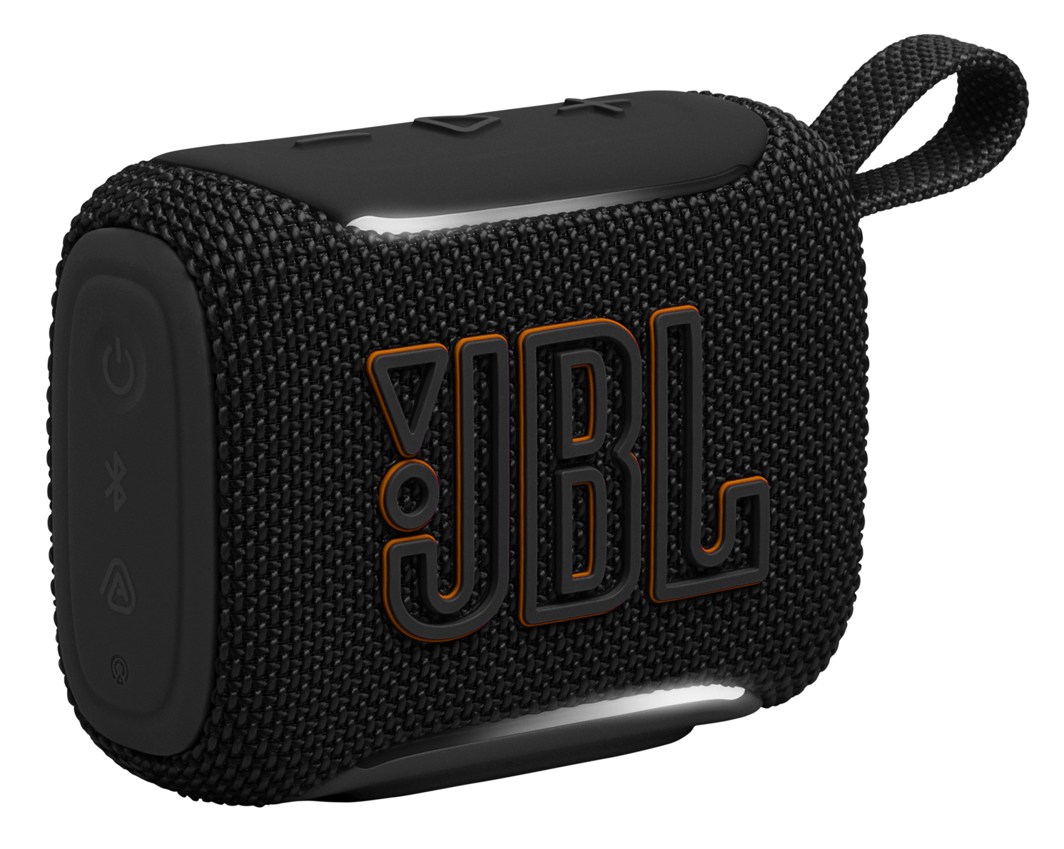 Czarny głośnik JBL z pomarańczowym logo i pętelką.