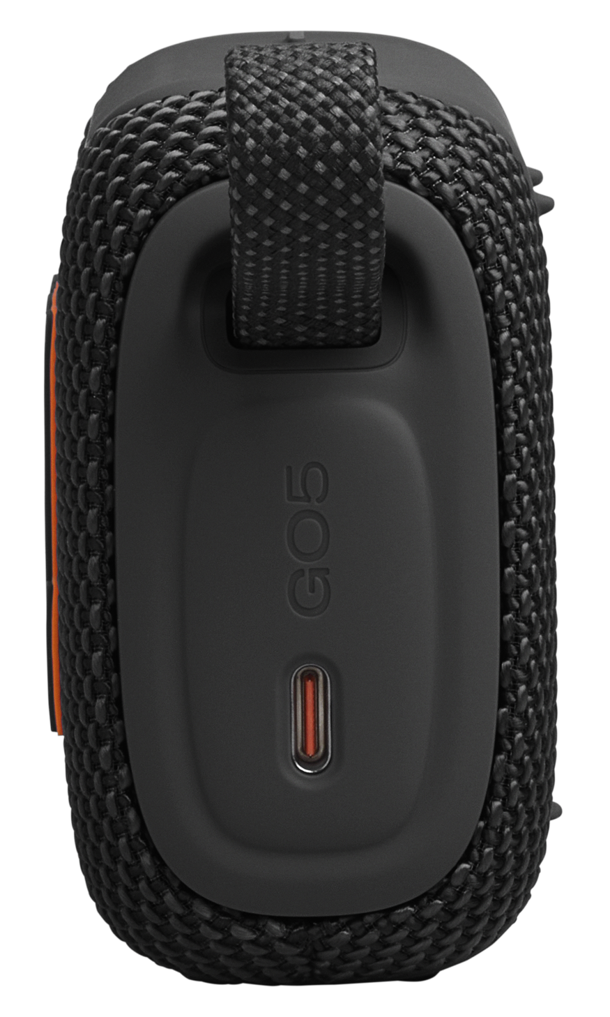 Czarny głośnik z pomarańczowymi akcentami i paskiem.