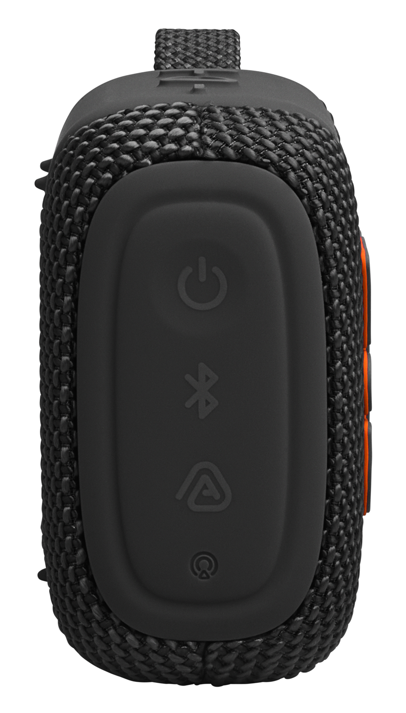 Czarny głośnik Bluetooth z pomarańczowymi akcentami i przyciskami.
