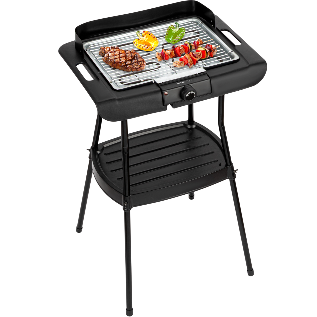 Ein schwarzer Elektrogrill mit Fleisch und Gemüsespießen auf dem Rost.