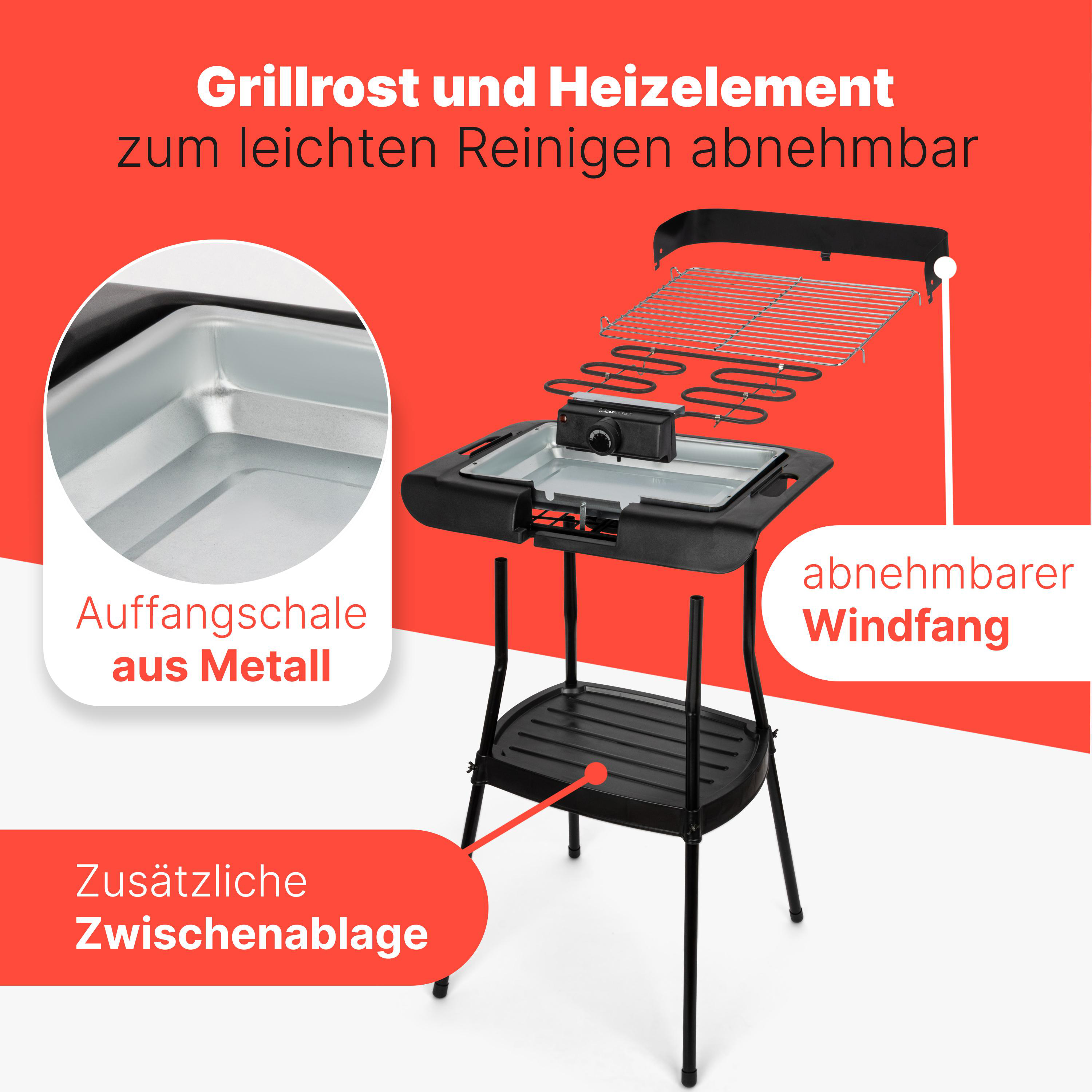 Elektrischer Grill mit abnehmbarem Rost, Heizelement und Auffangschale.