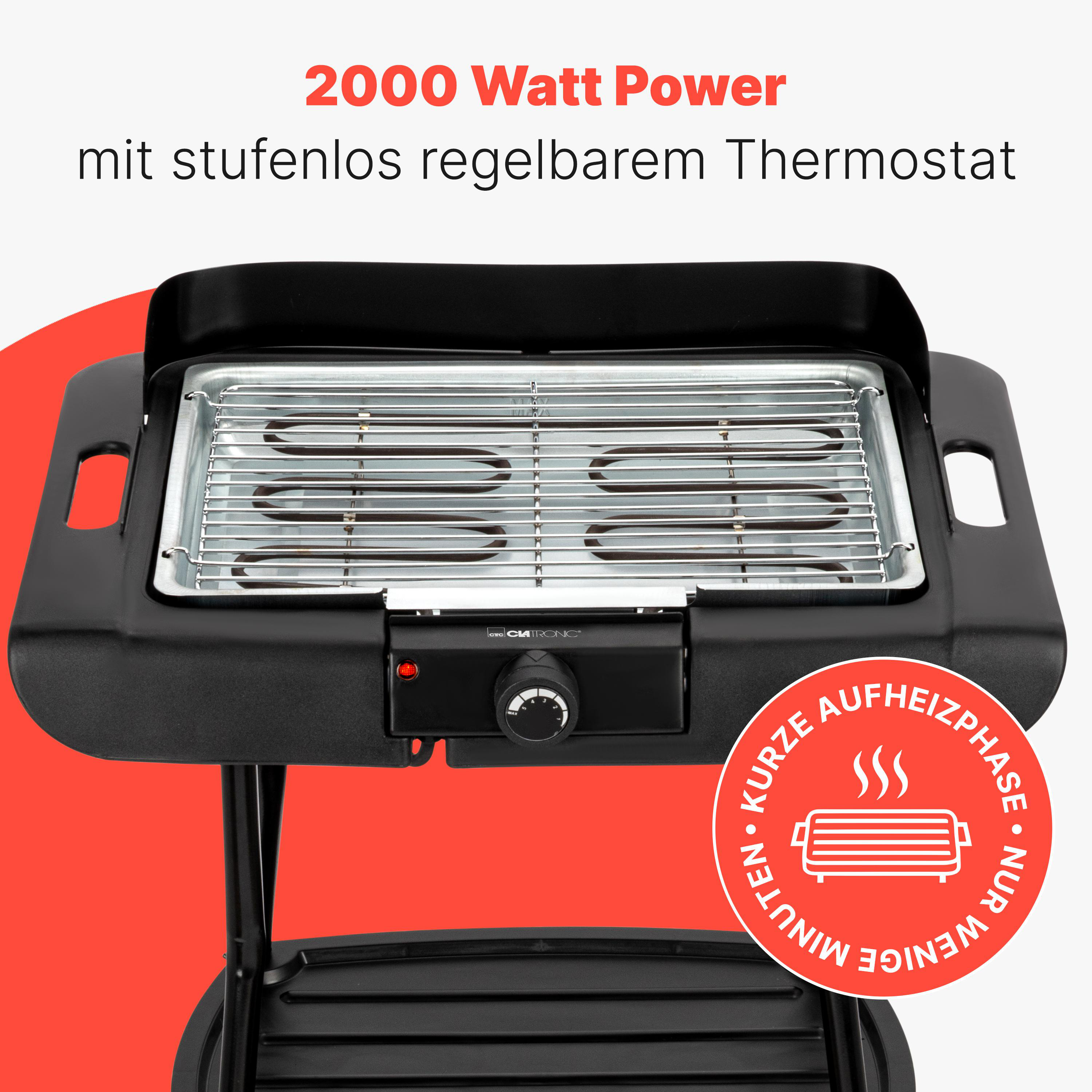 Ein schwarzer Elektrogrill mit 2000 Watt und Thermostat, kurz zum Aufheizen.