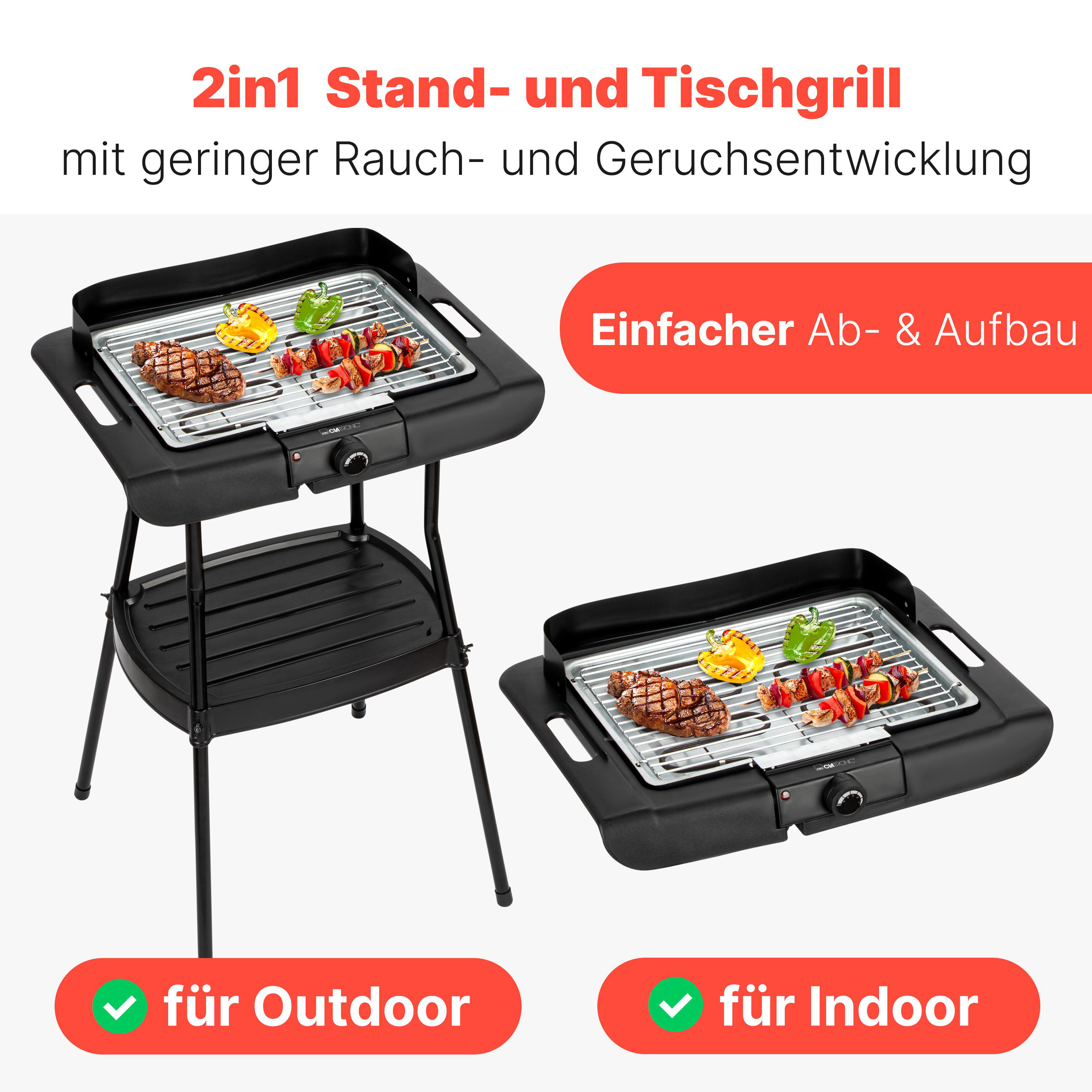 Ein 2in1 Elektrogrill mit Grillgut auf dem Rost, für drinnen und draußen.