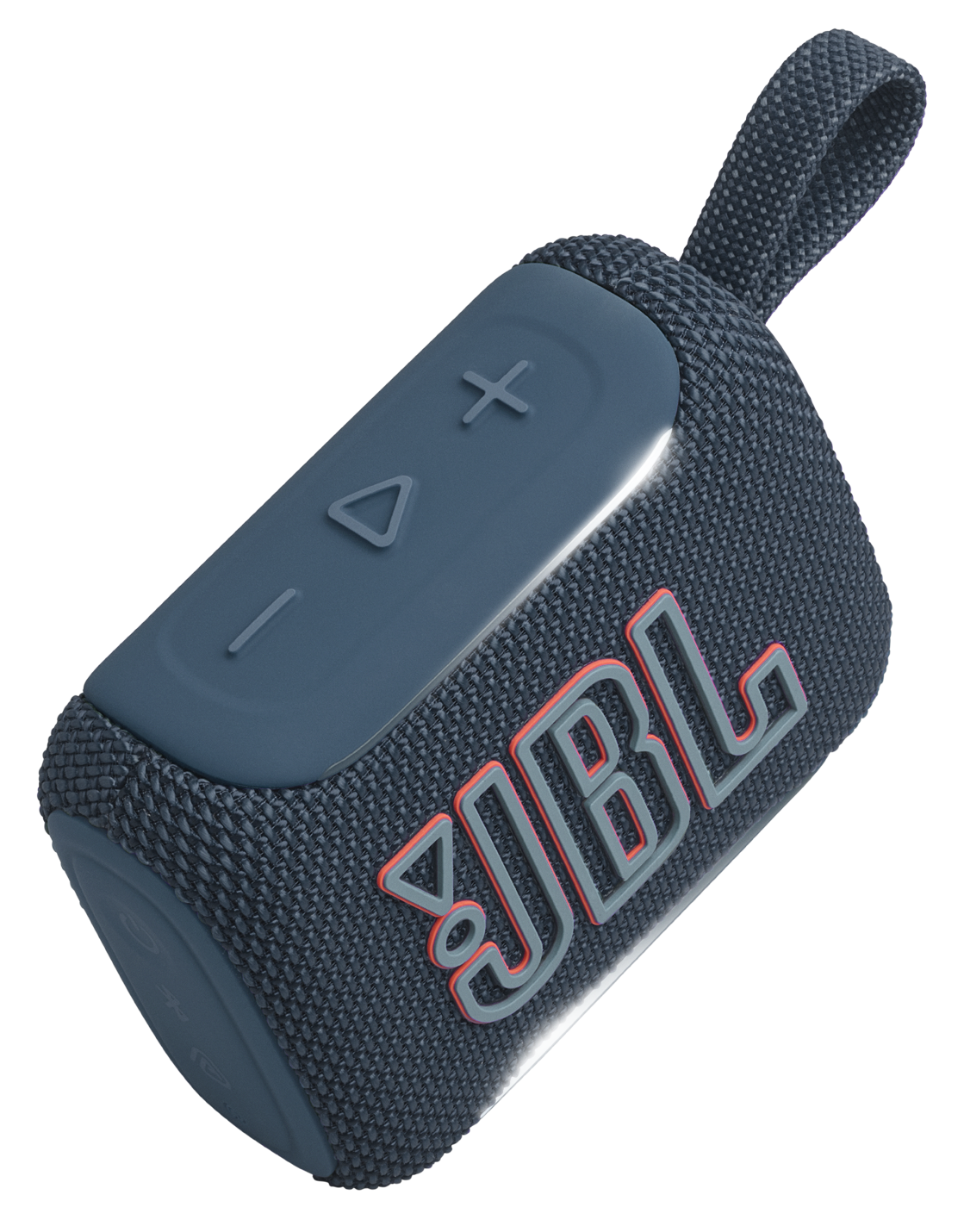 Niebieski głośnik JBL z paskiem i przyciskami.