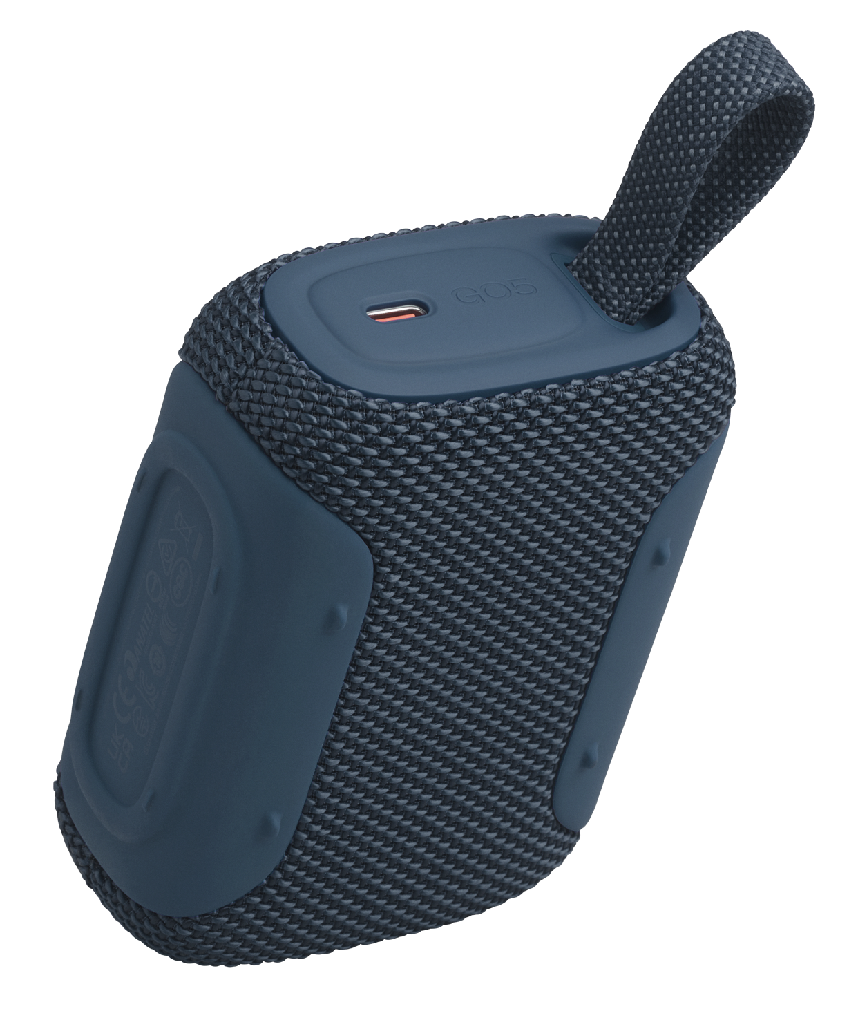 Niebieski przenośny głośnik z paskiem i portem ładowania.