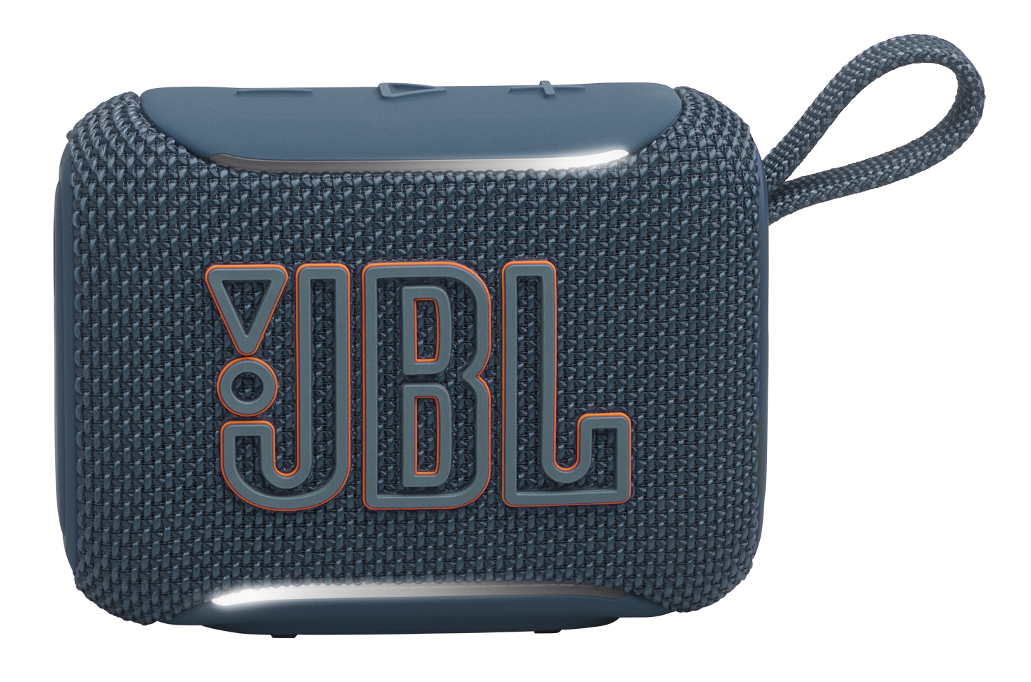 Niebieski głośnik JBL z pomarańczowym logo i paskiem.