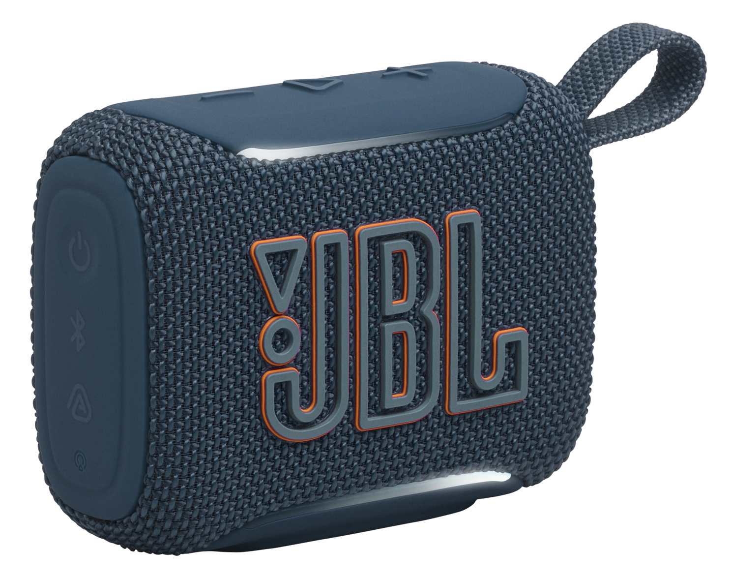Niebieski głośnik JBL z pomarańczowymi akcentami i pętelką
