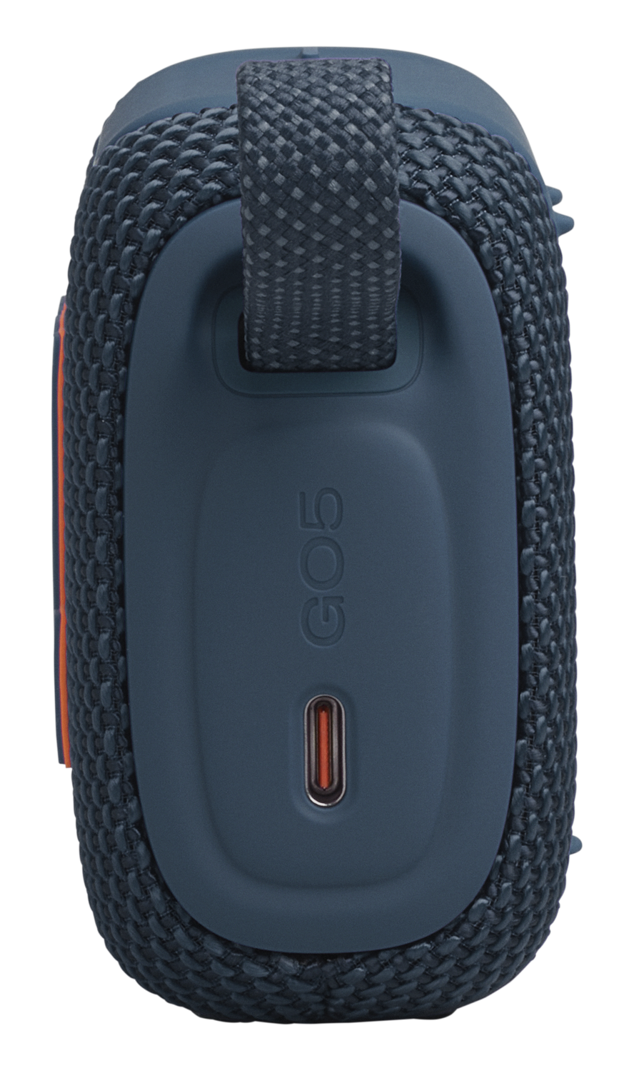 Niebieski głośnik przenośny z pomarańczowym portem USB-C i paskiem z tkaniny.