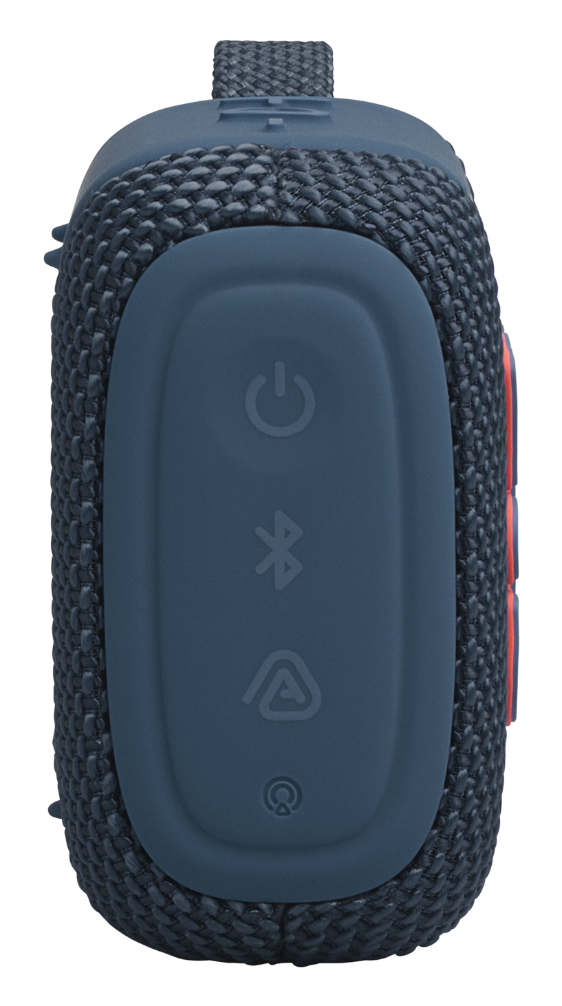 Niebieski głośnik Bluetooth z symbolami zasilania i Bluetooth.