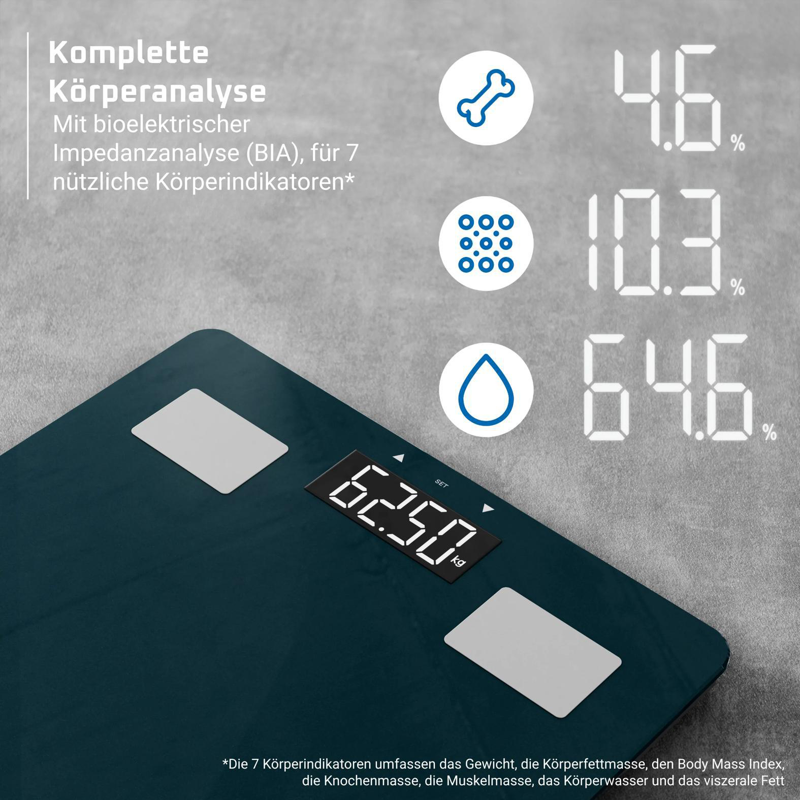 Eine digitale Körperanalysewaage zeigt 62.50 kg an. Daneben Symbole für Knochen, Zellen und Wasser.