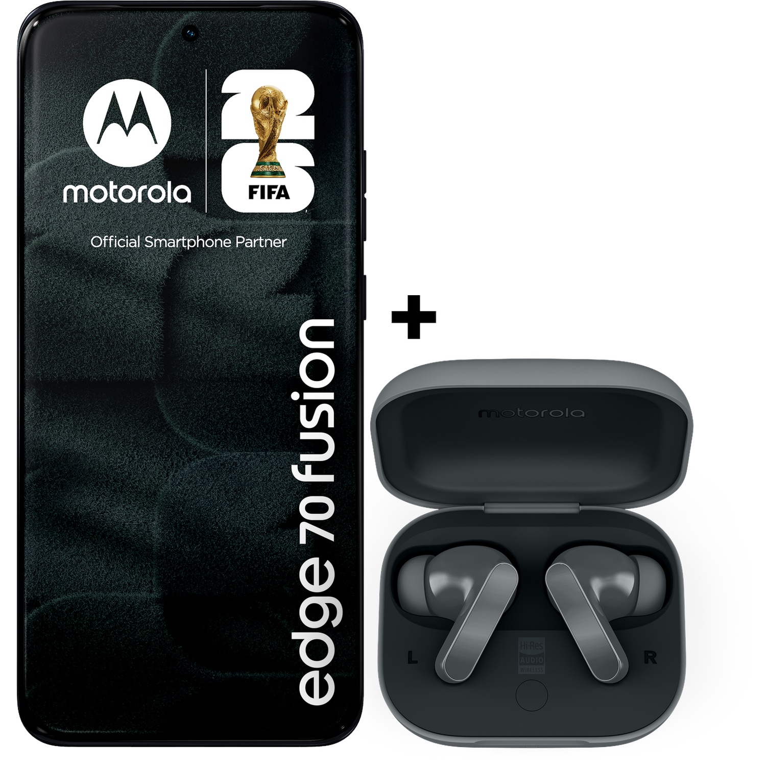 Motorola Edge 70 Fusion smartphone en grijze draadloze oordopjes in hoesje.