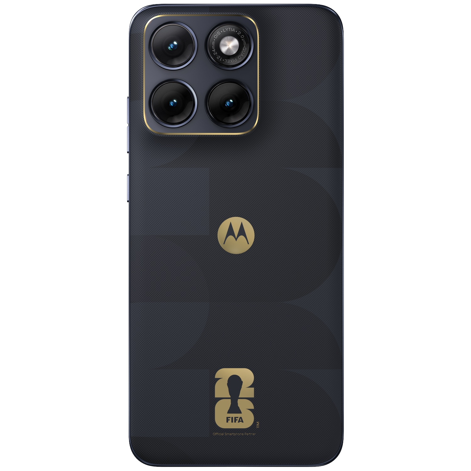 Donkerblauw Motorola-telefoon met vier camera's, Motorola-logo en FIFA-logo.