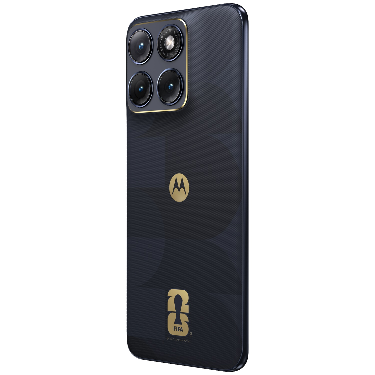 Donkerblauwe Motorola telefoon met quad camera, Motorola-logo en FIFA-logo.