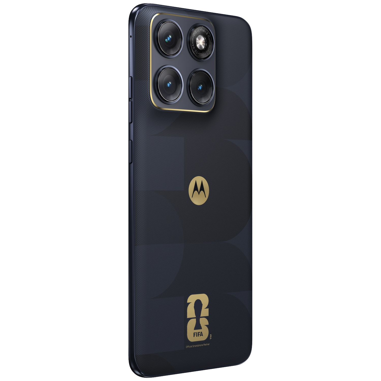 Donkerblauwe Motorola telefoon met quad camera, gouden accenten en FIFA logo.