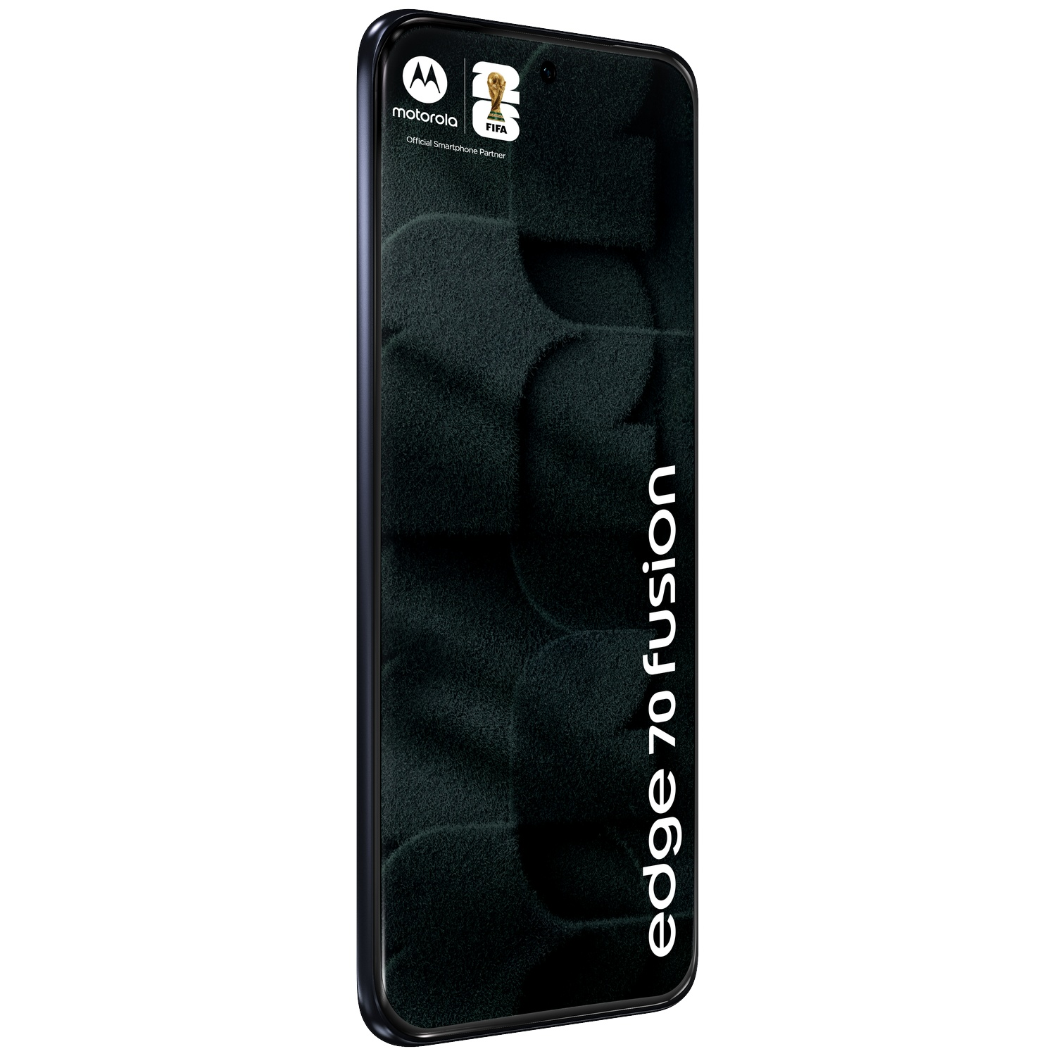 Donkere Motorola Edge 70 Fusion smartphone met FIFA-logo.