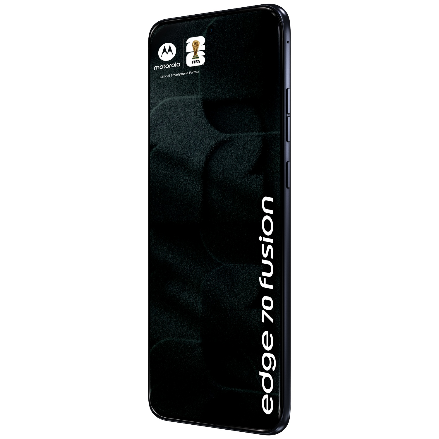Een zwarte Motorola Edge 70 Fusion smartphone met FIFA-logo.
