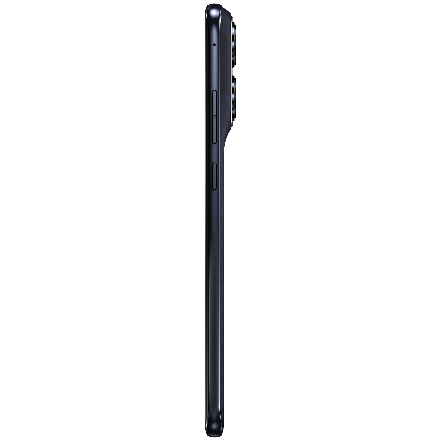 Donkerblauwe smartphone van opzij gezien, camera rechts.
