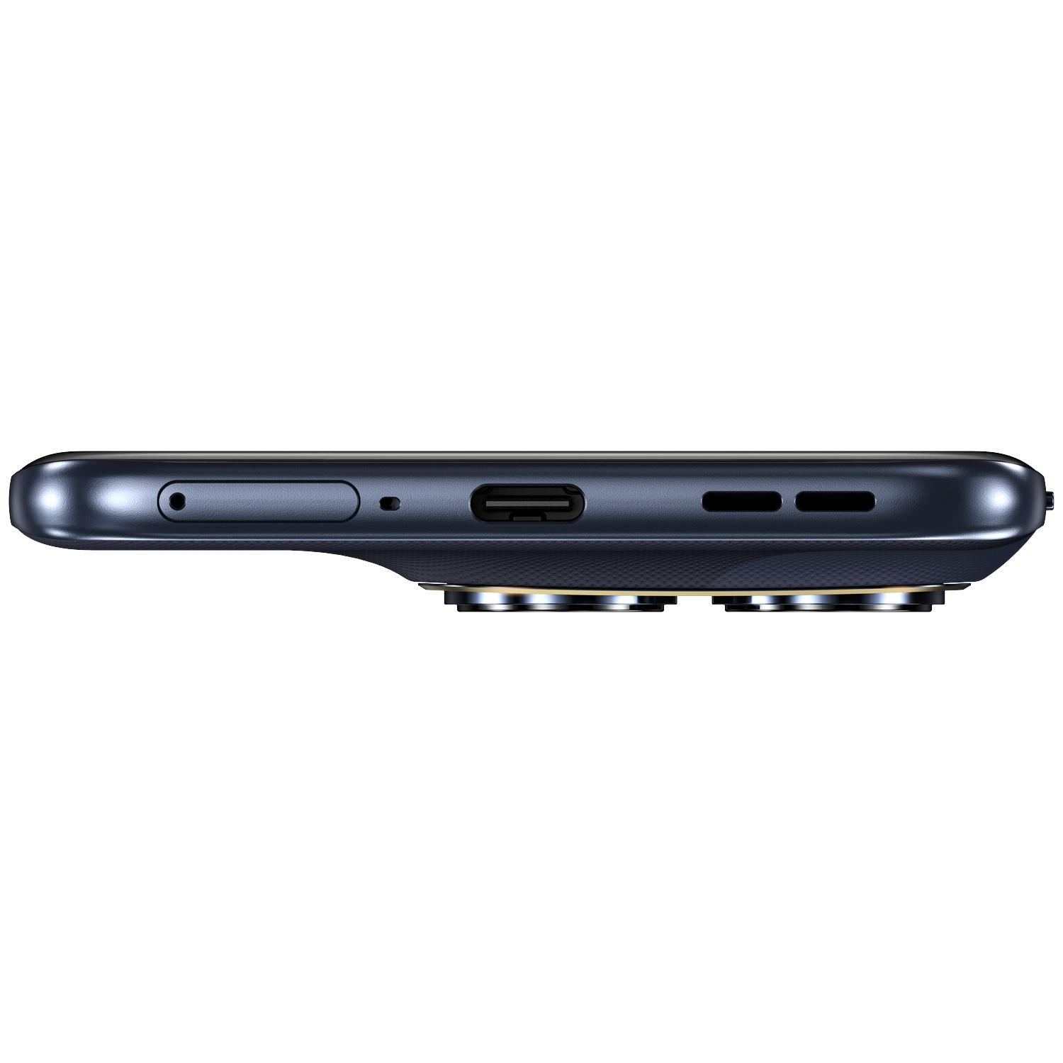 Donkerblauw smartphone profiel met USB-C, microfoon en luidsprekers.