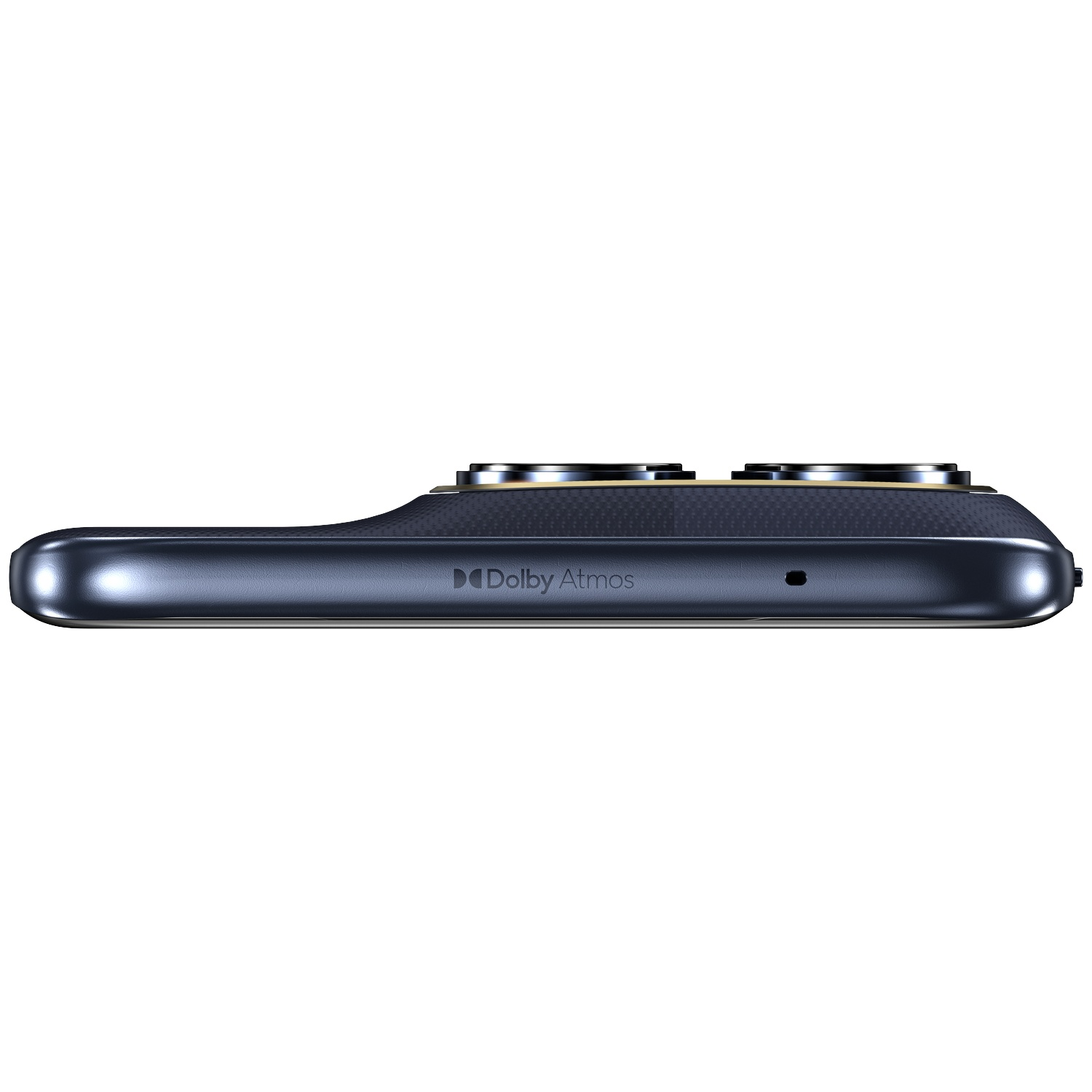 Donkerblauwe smartphone met Dolby Atmos-logo en twee cameralenzen.