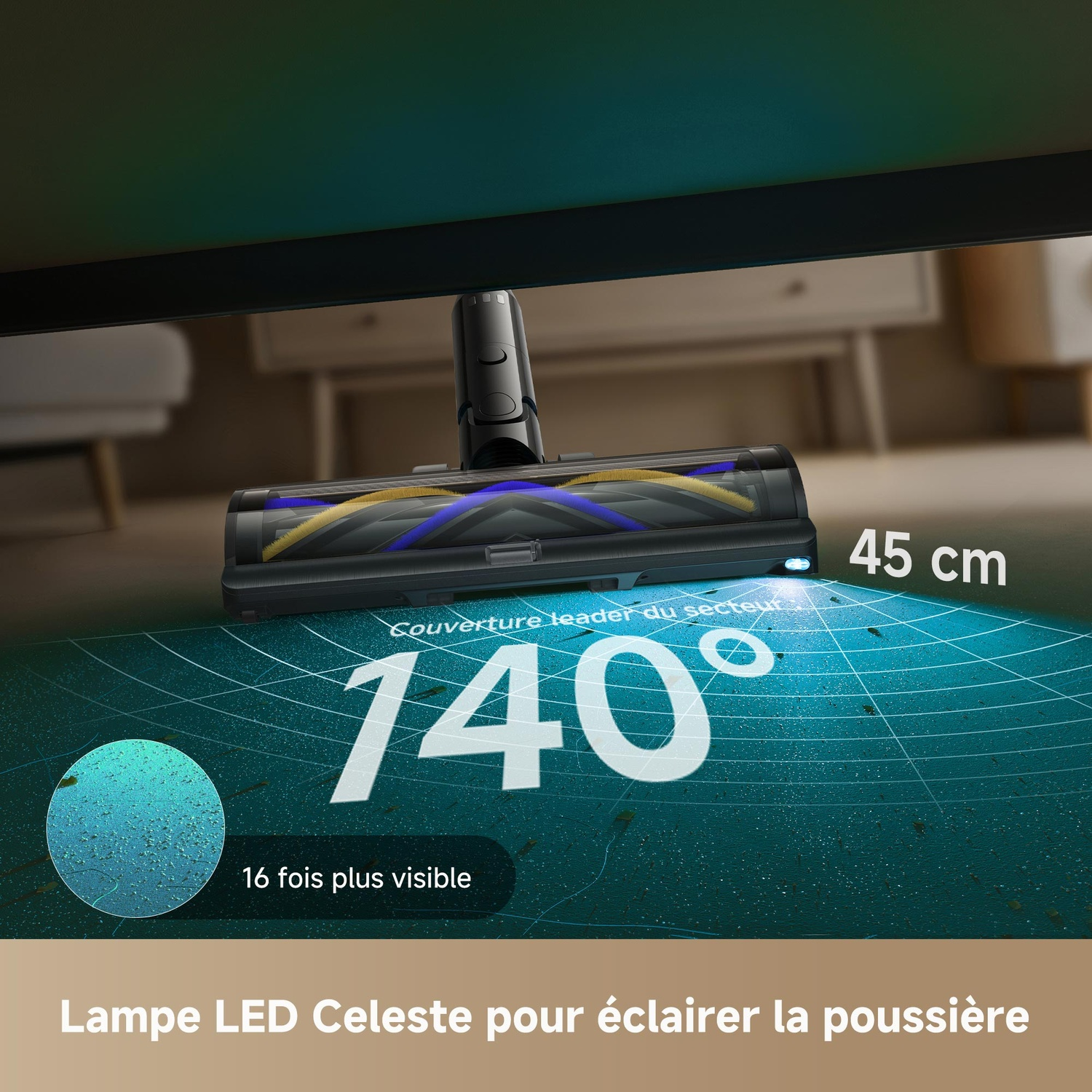 Brosse aspirateur avec LED éclairant 140°, portée 45cm.