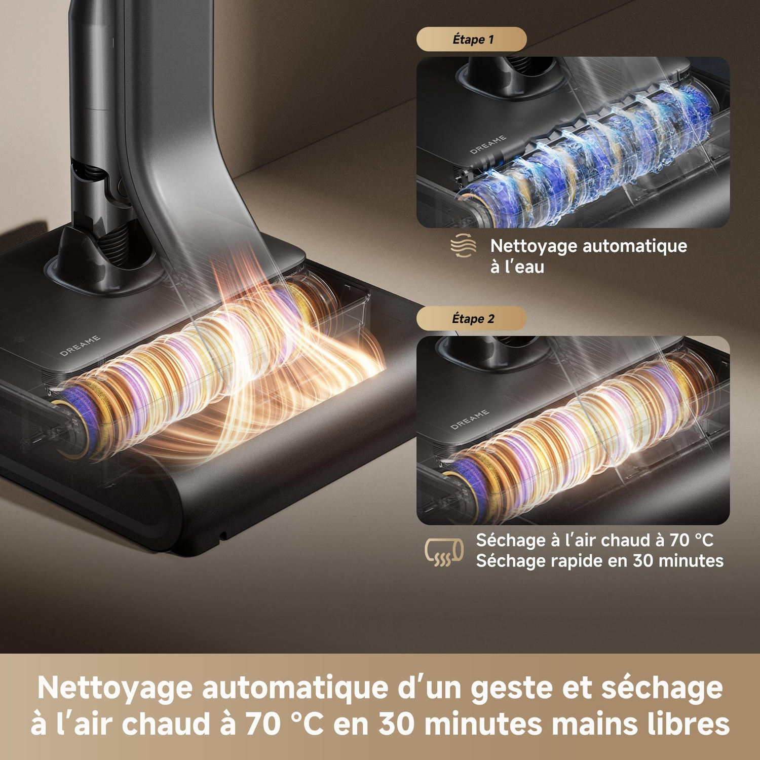 Brosse sans fil avec nettoyage à l'eau et séchage à l'air chaud à 70°C en 30 min.