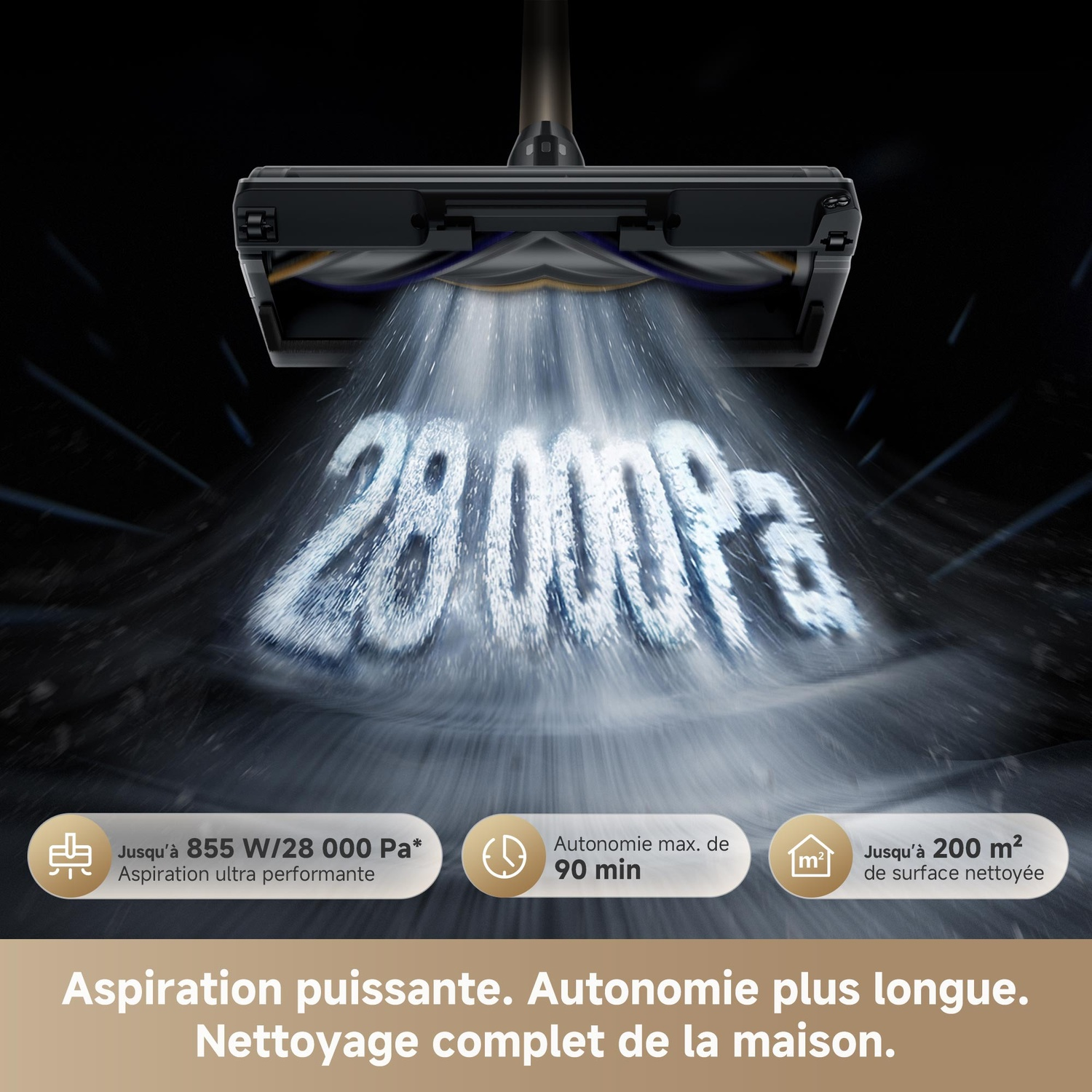 Tête d'aspirateur projette 28 000 Pa. Affiche 855W, 90 min autonomie, 200 m² couverts.