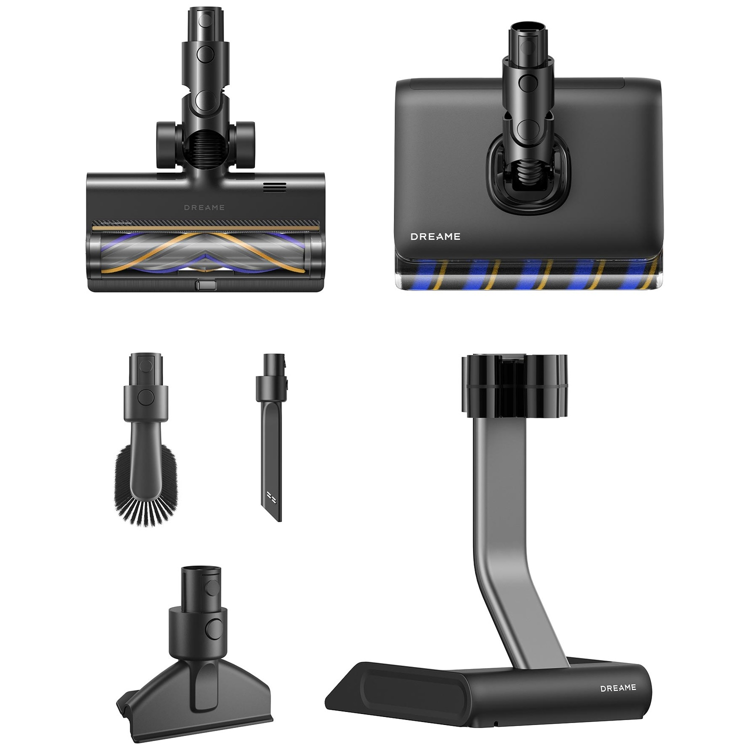 Trois accessoires et un support de charge pour un aspirateur Dreame.