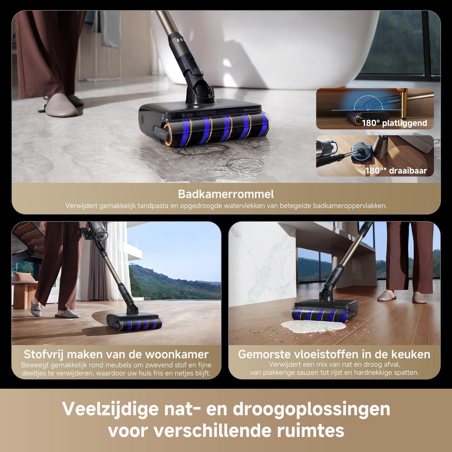 Un aspirateur nettoie divers sols, montrant sa flexibilité.