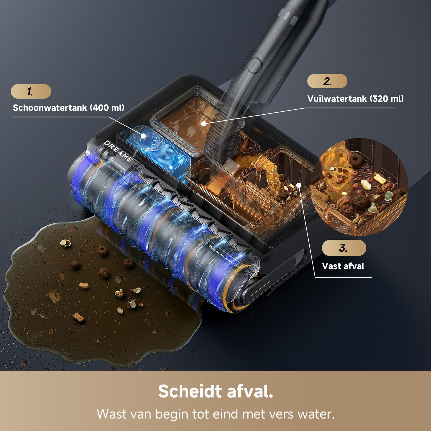 Gros plan d'un aspirateur eau et poussière séparant saleté et eau.