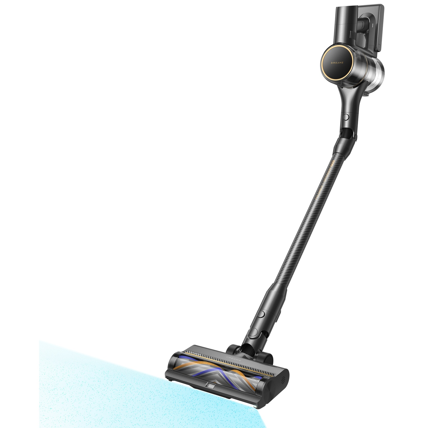 Un aspirateur sans fil noir avec inscription dorée et faisceau lumineux bleu.