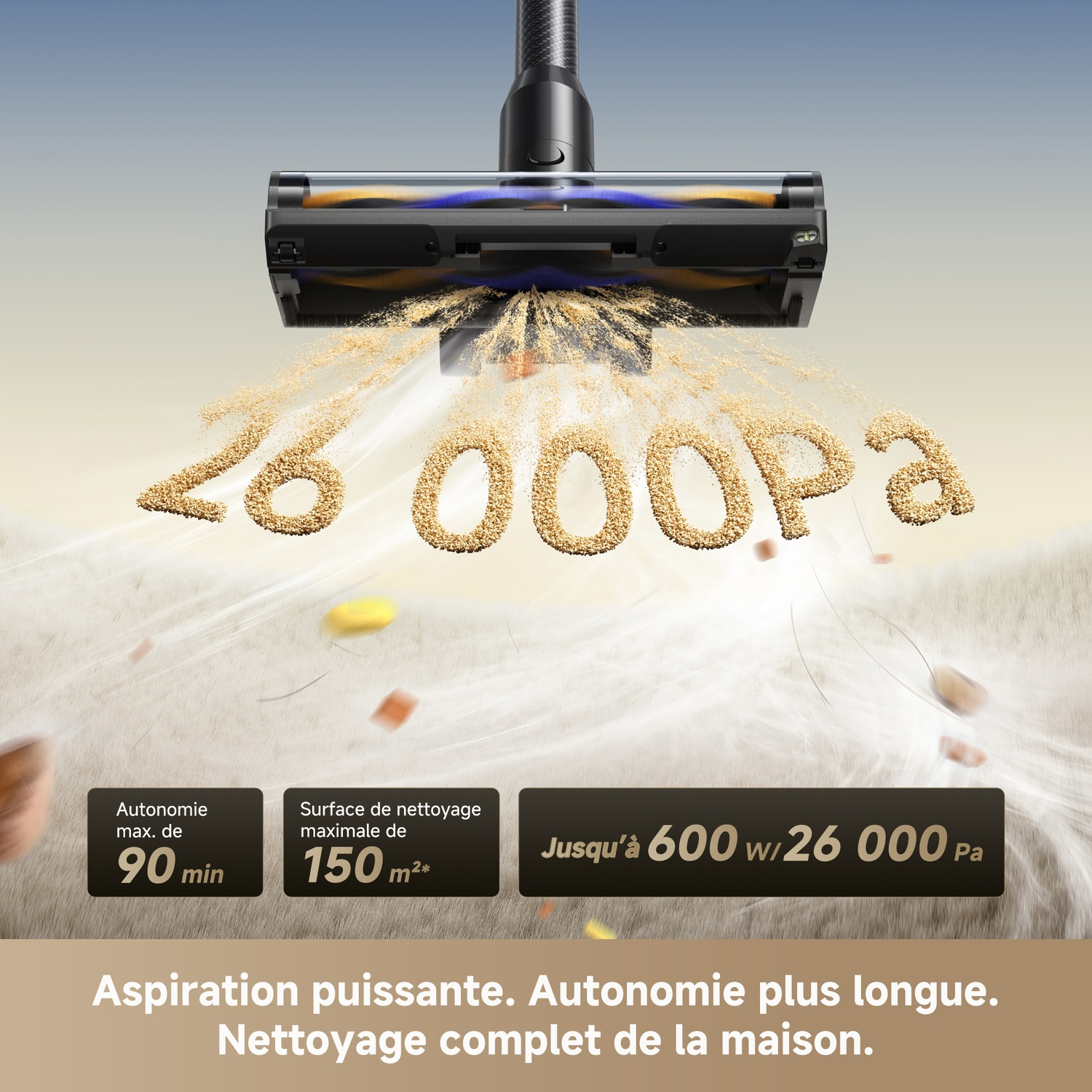 Une buse d'aspirateur aspire des débris. 26 000 Pa.
