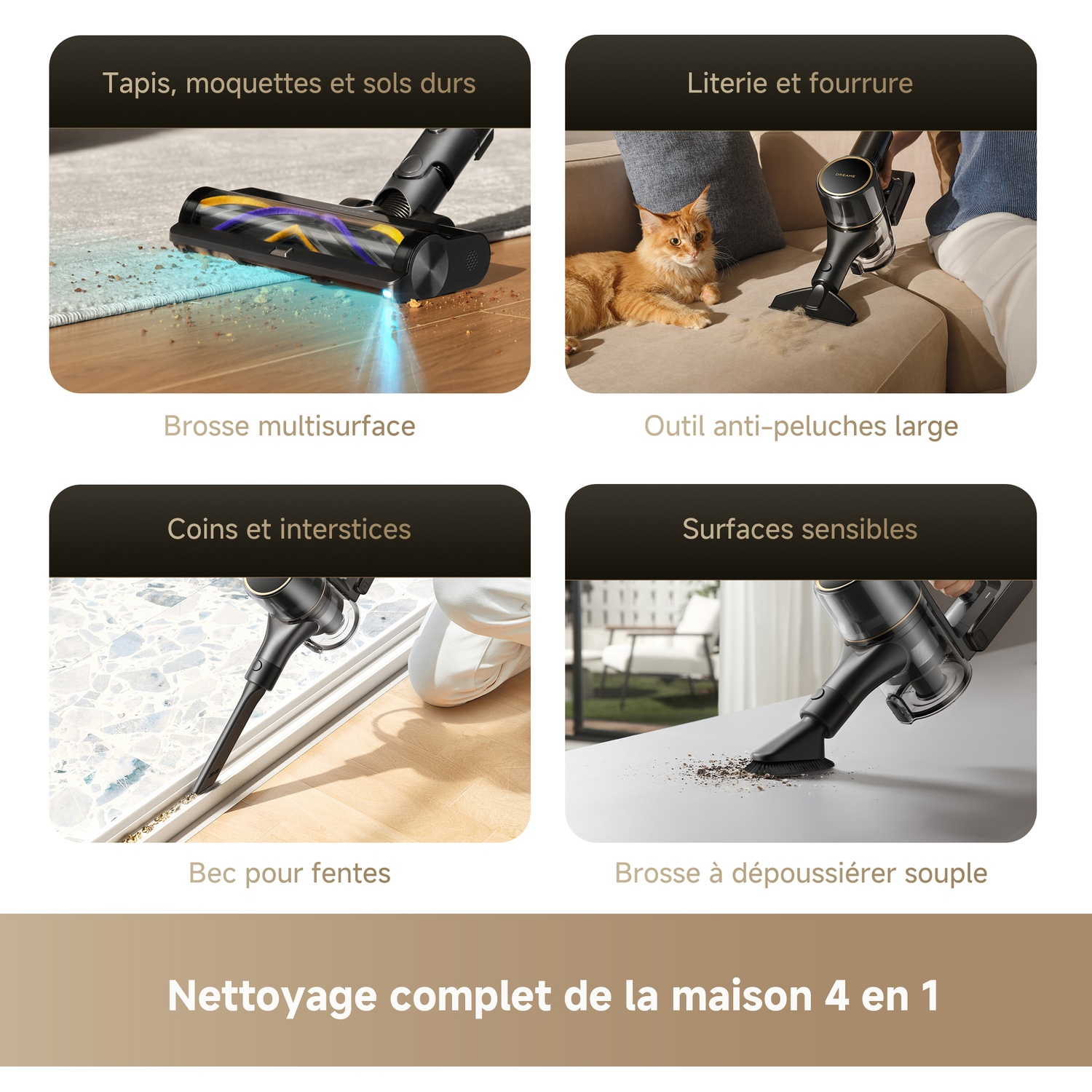 Accessoires aspirateur pour tapis, tissus d'ameublement, interstices et surfaces.